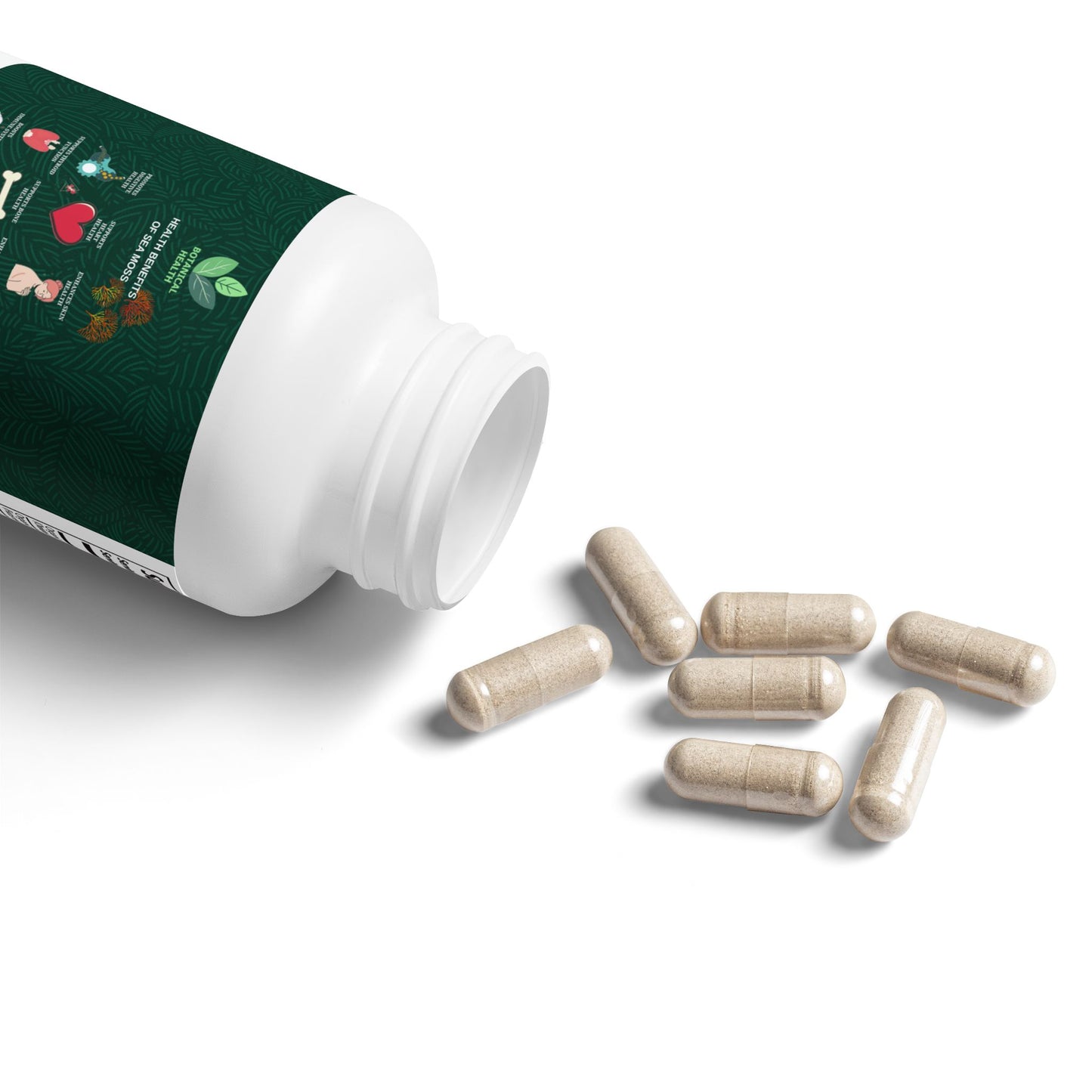 Sea Moss (Irish Moss) Supplement , Vitamins or supplements with capsules on a white background