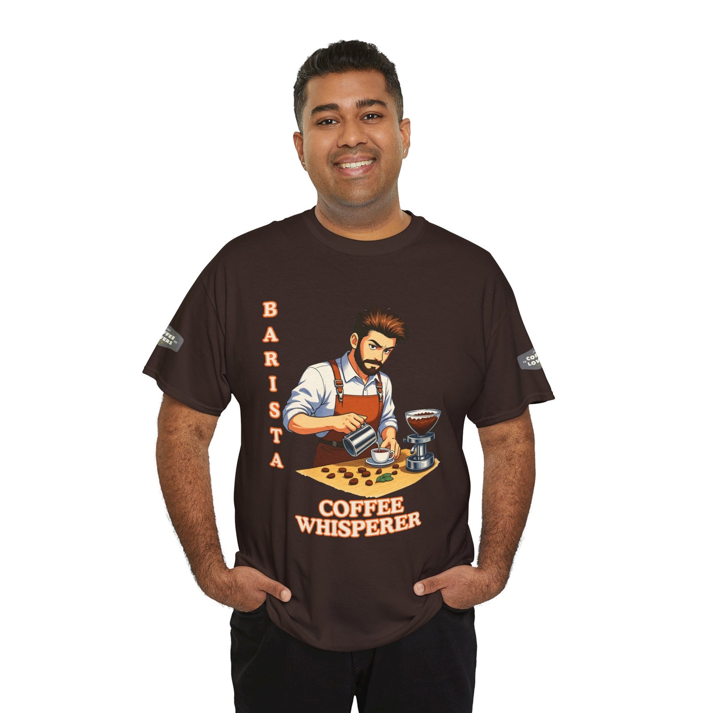 Coffee Lovers Cotton Tee for Male Barista,  Man wearing a brown t-shirt with a barista graphic and text on a white background