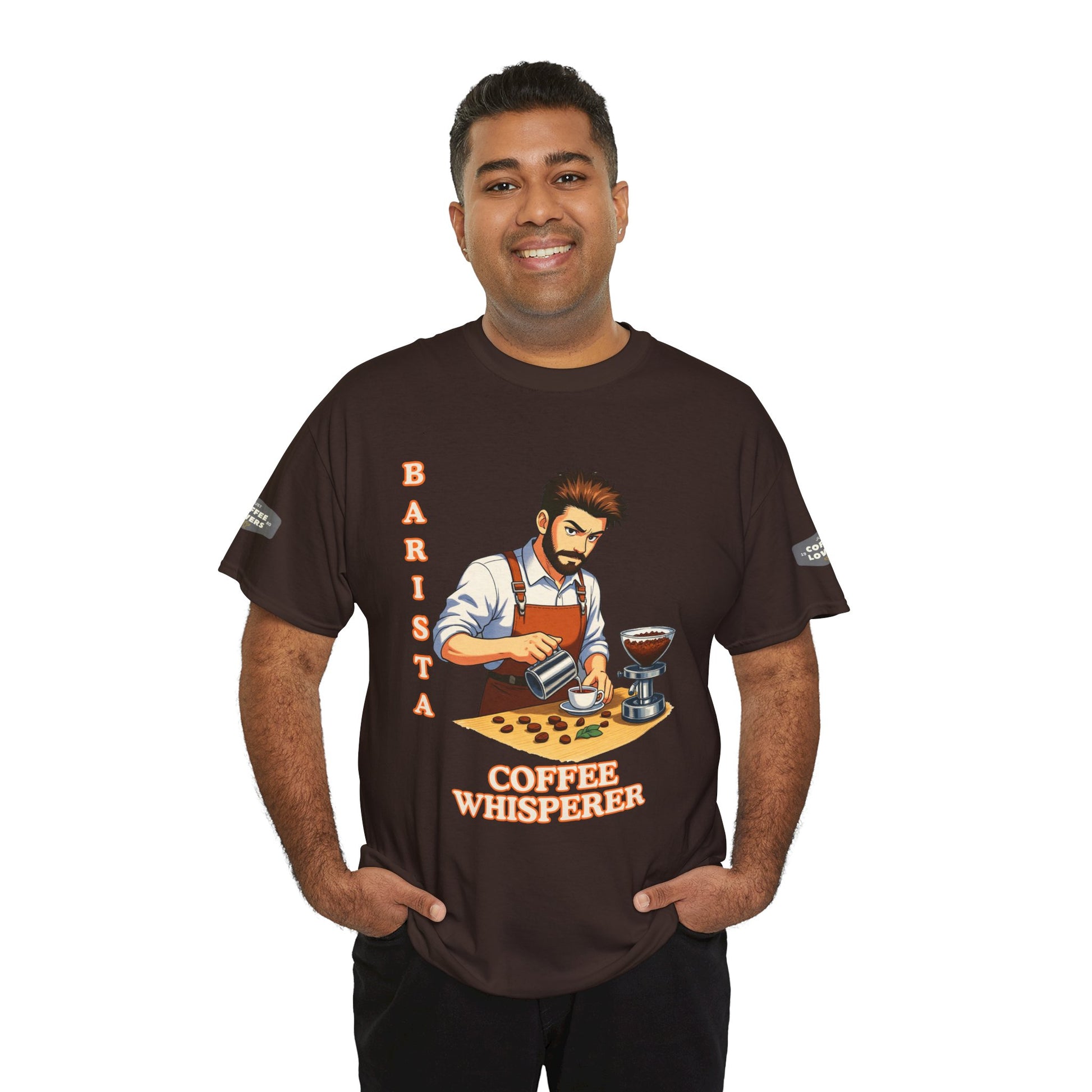 Coffee Lovers Cotton Tee for Male Barista,  Man wearing a brown t-shirt with a barista graphic and text on a white background