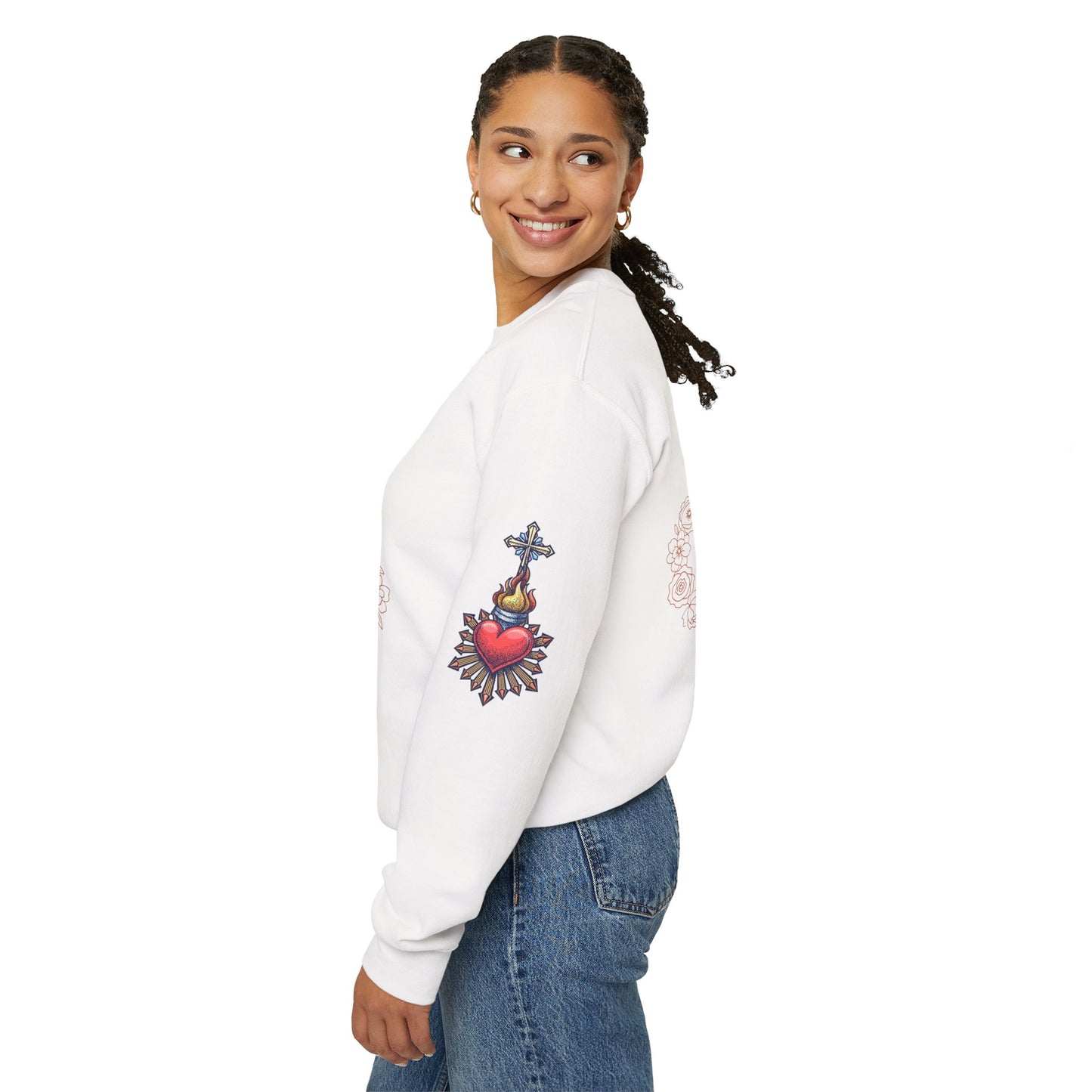 Sacred Hearts Crewneck Sweatshirt — Three Flaming Hearts with JMJ Cross (CT)