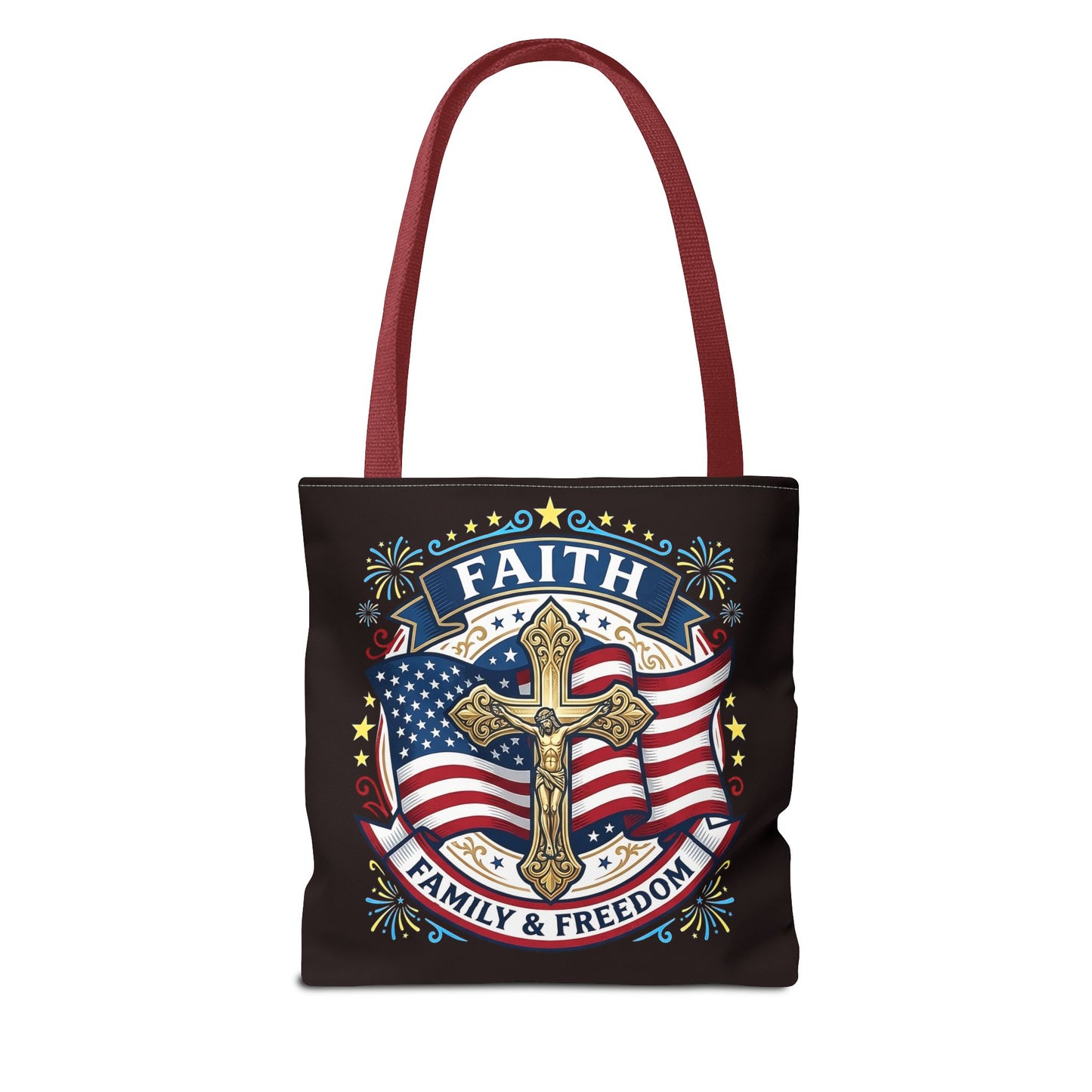 Faith, Family & Freedom Cross Bag — Patriotic American Flag Canvas Tote (USA 250th)