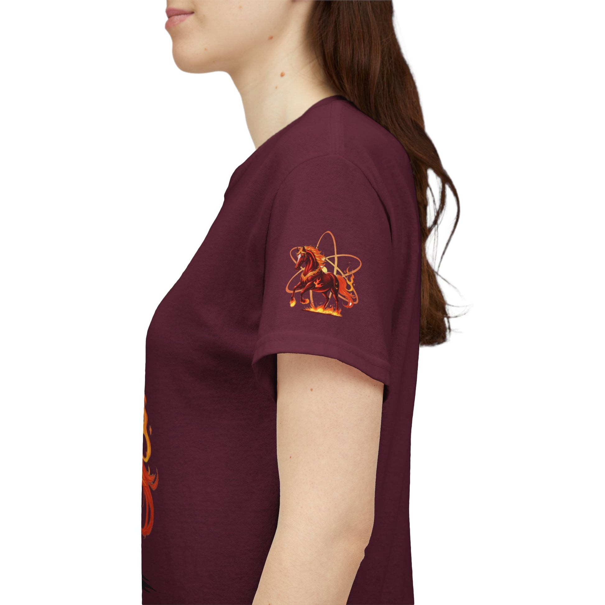 Lunar New Year Fiery Horse Novelty T-Shirt, Maroon t-shirt with a graphic design on the sleeve worn by a person