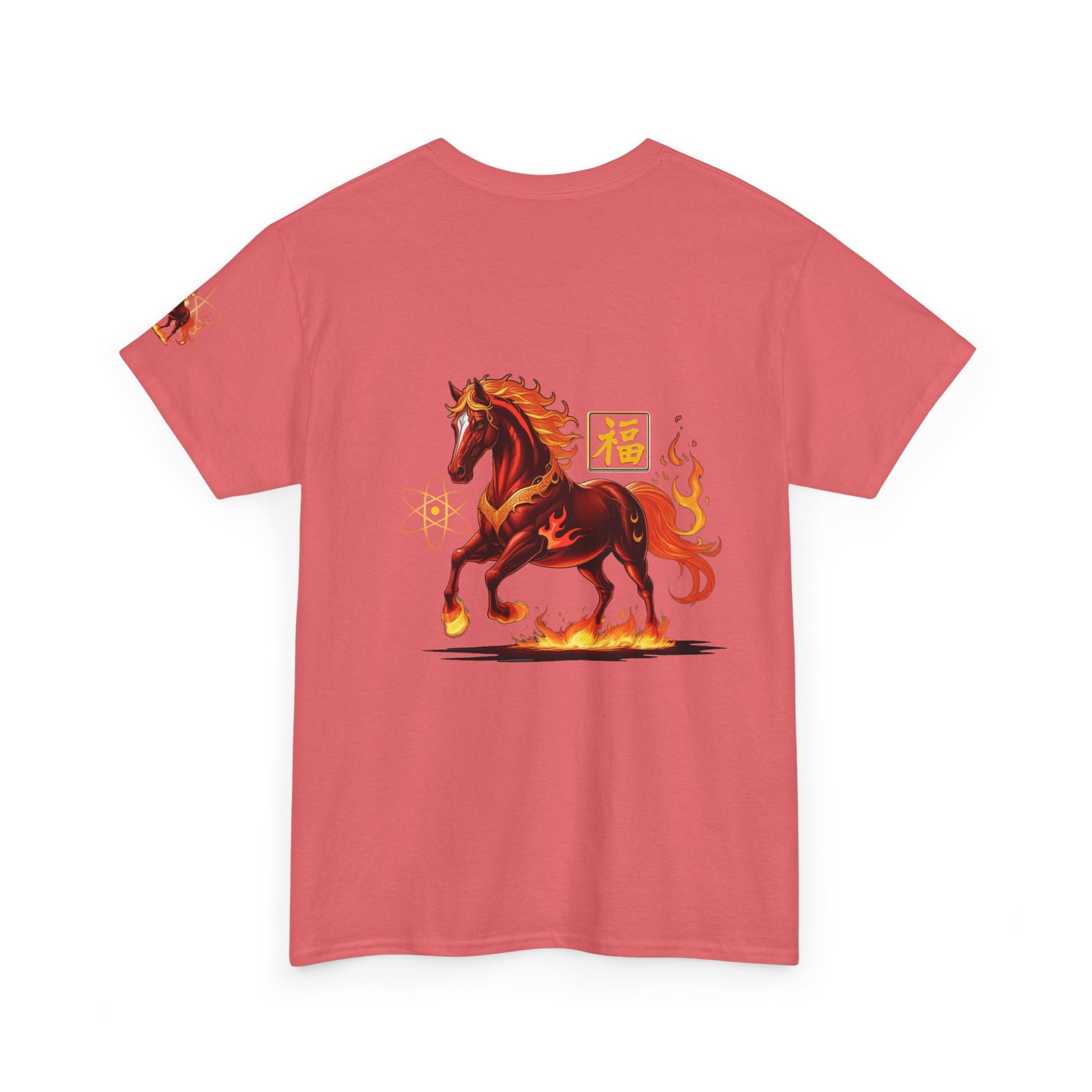 Lunar New Year Fiery Horse Novelty T-Shirt, Red t-shirt with a horse design on the back against a white background