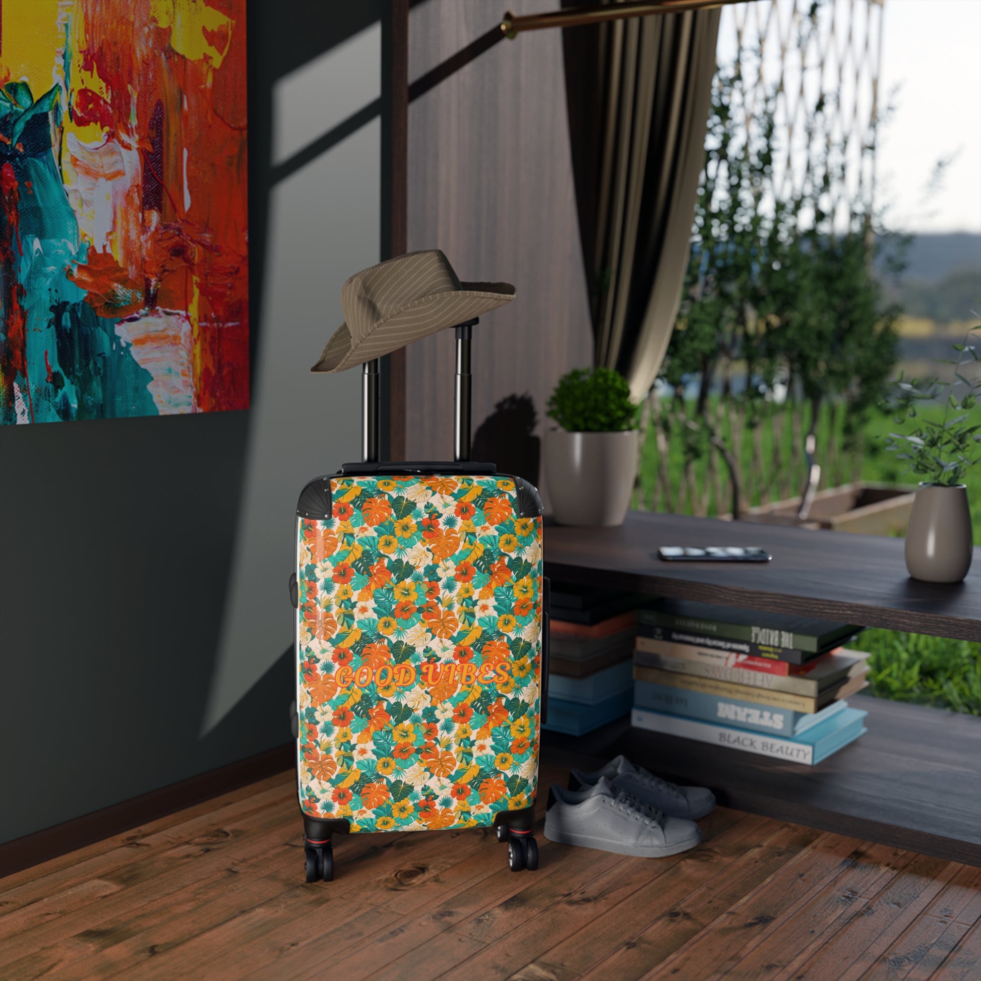 Good Vibes Floral Suitcase – Summer Orange & Teal Carry-On Bag - Trending Novelties & Gifts