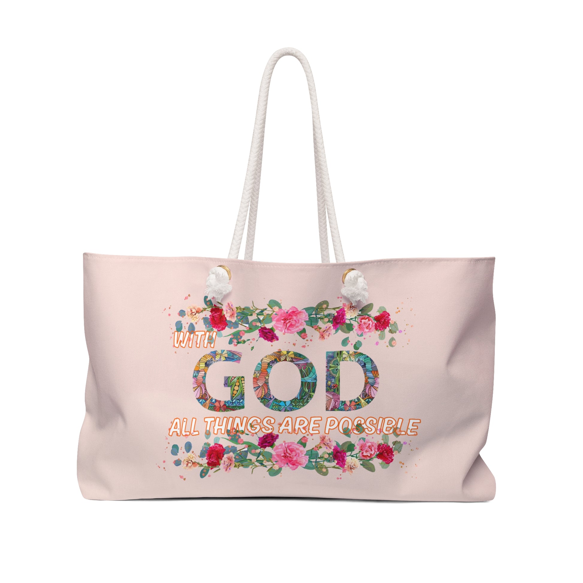 Pink tote bag with floral design and text on a white background