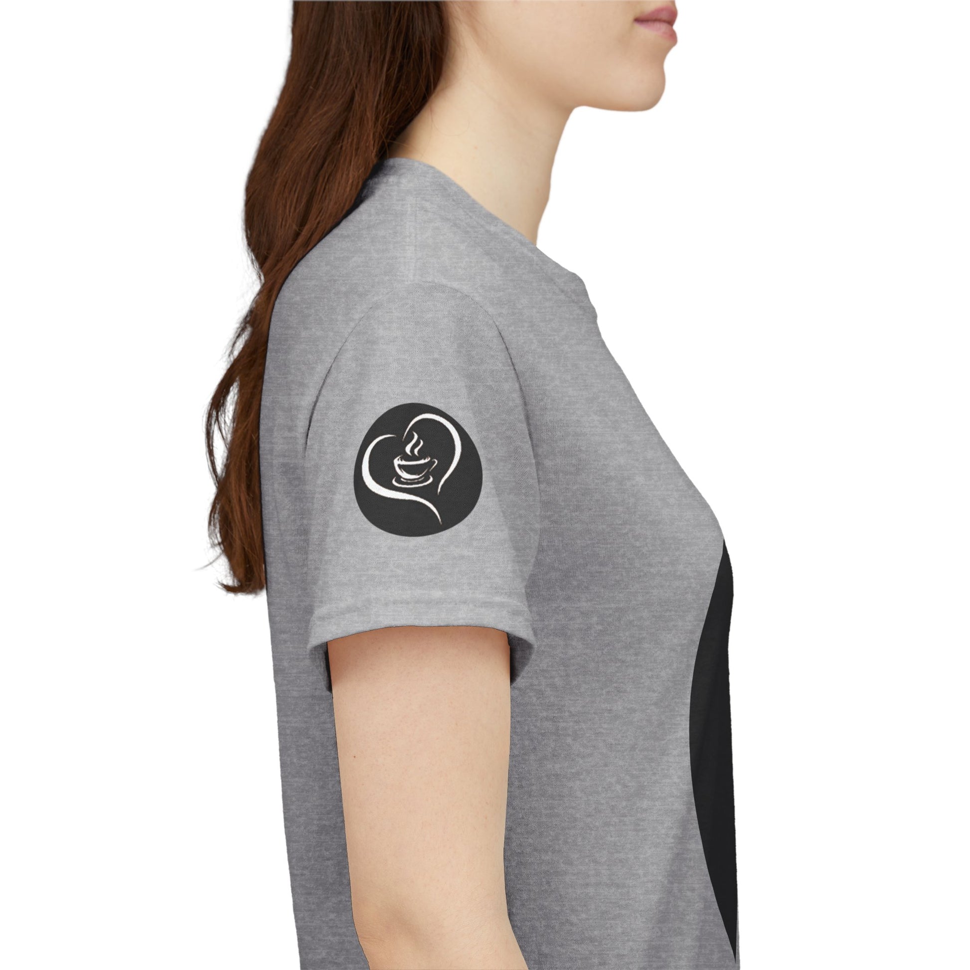 Coffee Lovers Ladies Tee - COFFEE and FRIENDS the Perfect Blend, Person wearing a gray t-shirt with a black logo on the sleeve against a white background