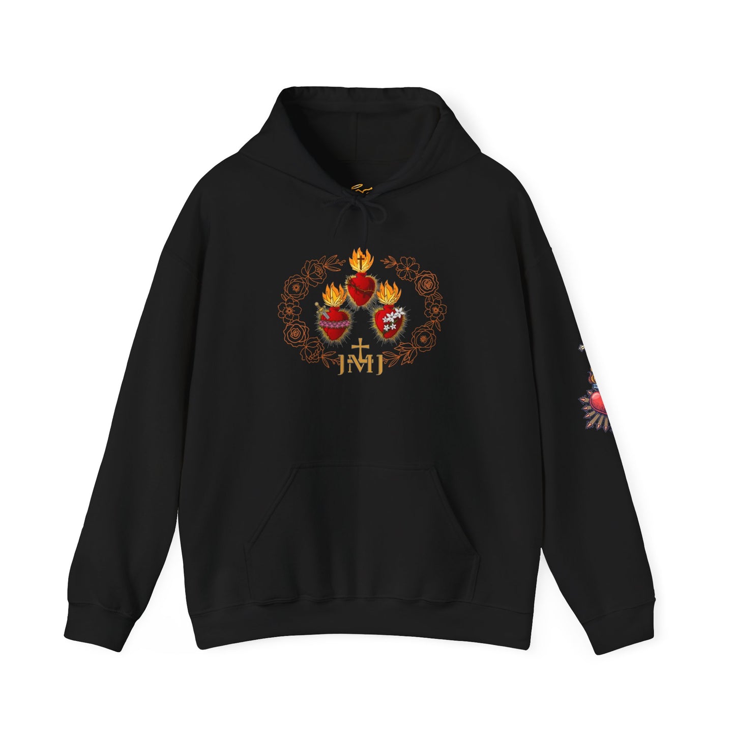 Sacred Hearts Hoodie — Three Flaming Hearts J.M.J. Devotional Sweatshirt (CT)
