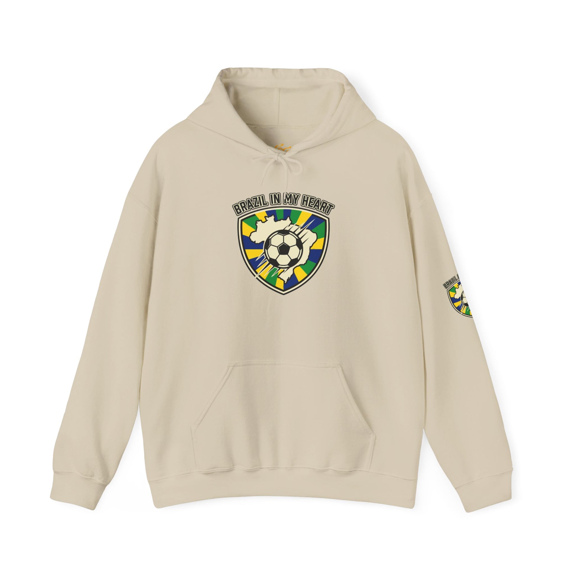 Beige hoodie with a soccer ball design and text on a white background | Brazil Pride Shield Soccer Hoodie | Brazil retro soccer hoodie