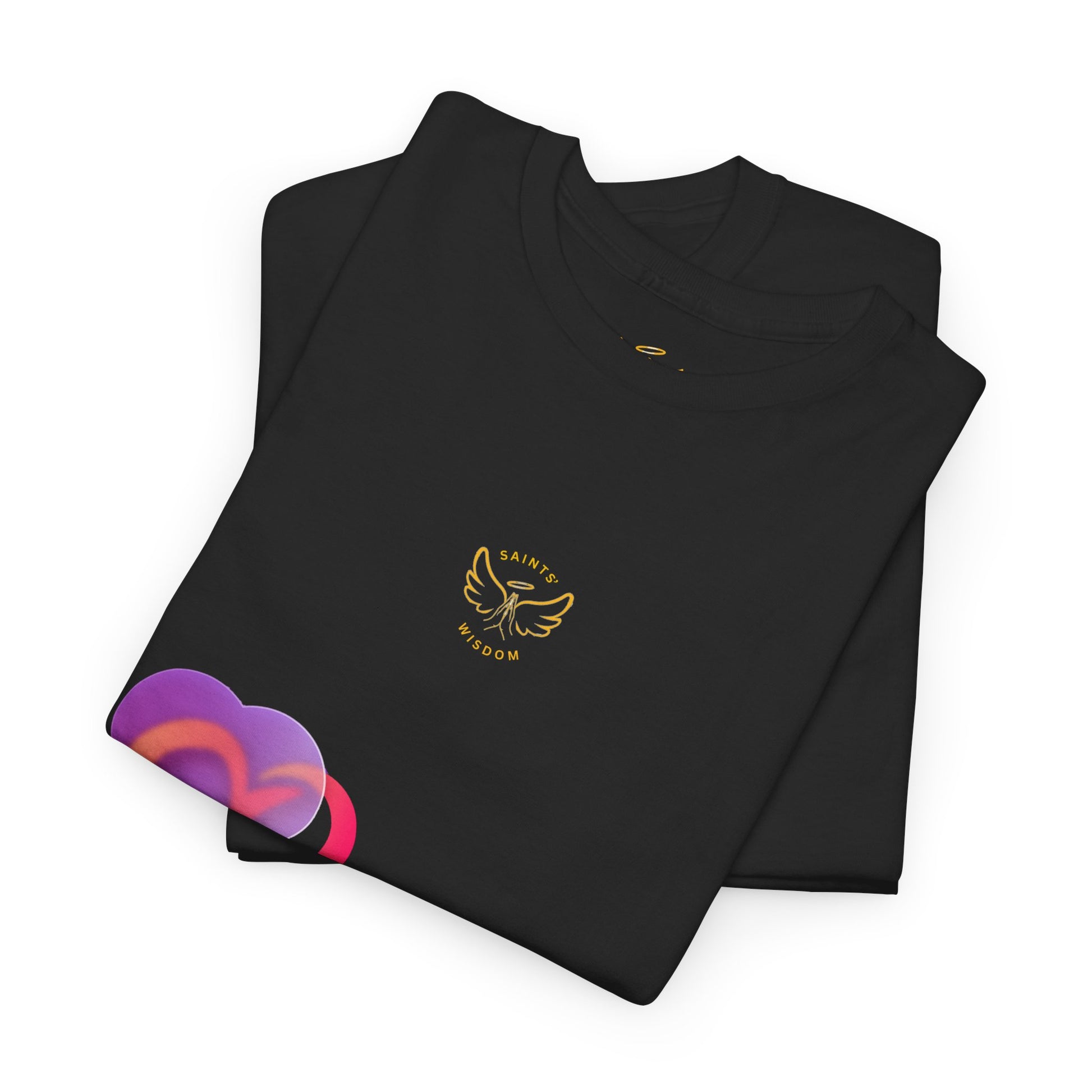 Saint's Wisdom T-shirts, Folded black t-shirt with a gold logo on a white background