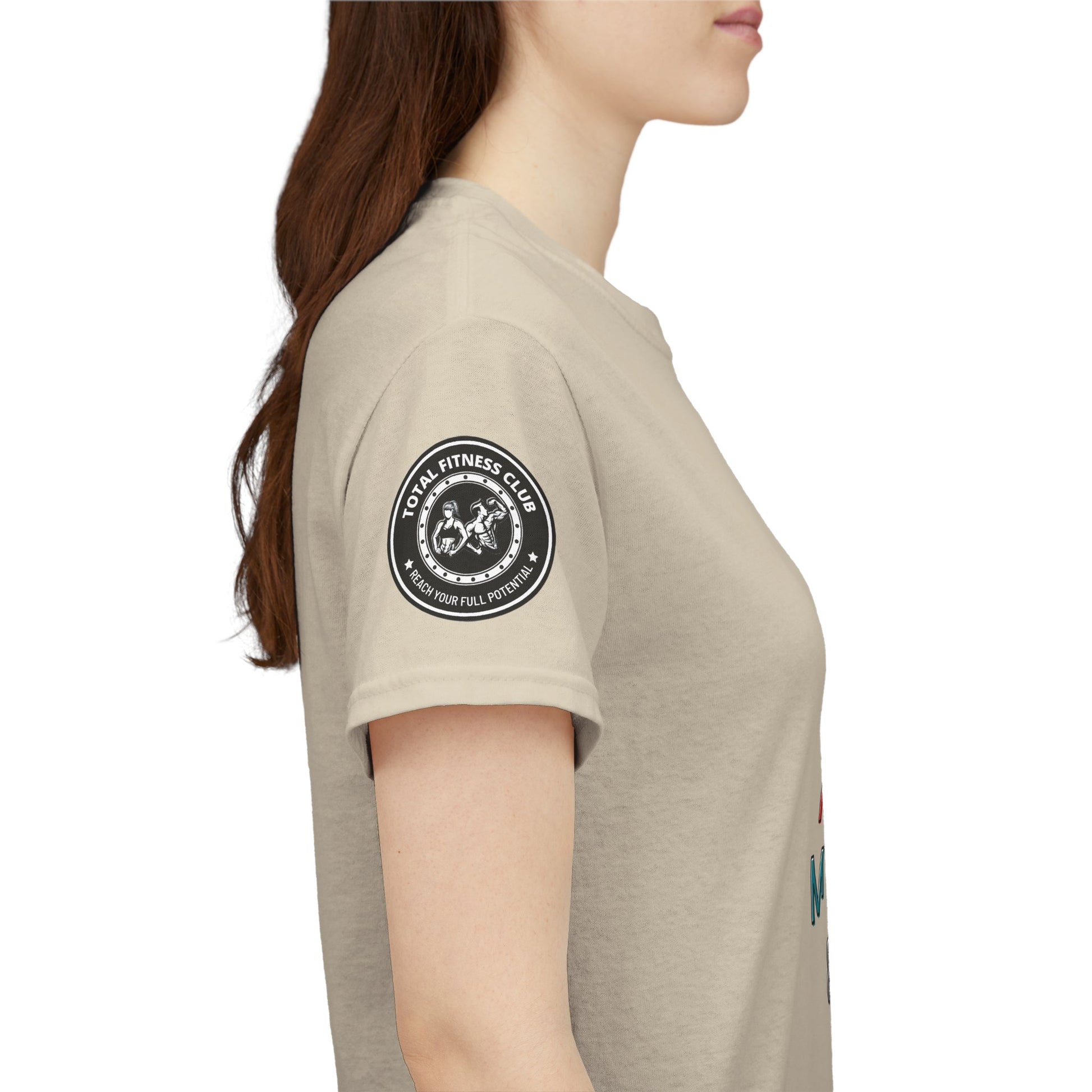Total Fitness Club T-shirt, Beige t-shirt with a logo on the sleeve worn by a person