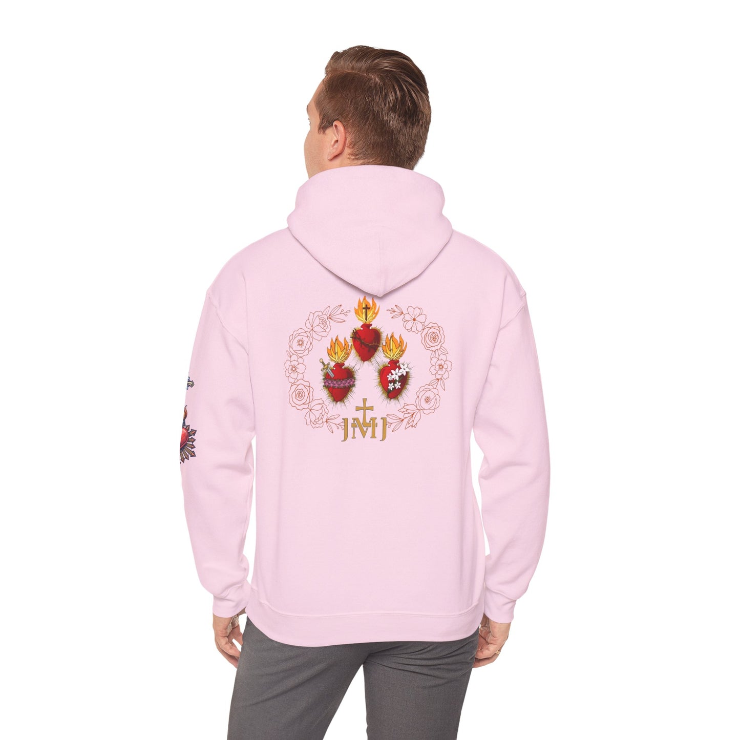 Sacred Hearts Hoodie — Three Flaming Hearts J.M.J. Devotional Sweatshirt (CT)