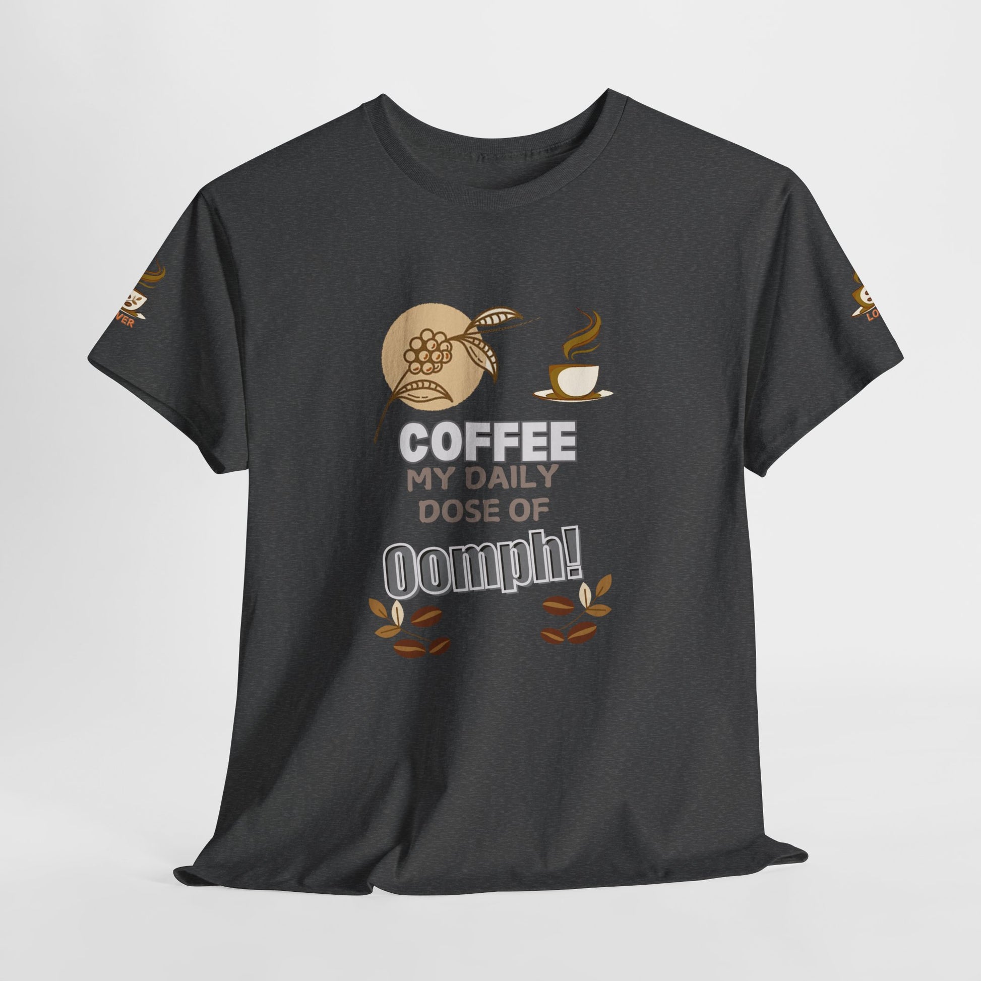 Coffee Lovers Heavy Cotton Tee - My Daily Dose of Oomph! Black t-shirt with coffee-themed graphic and text on a light gray background