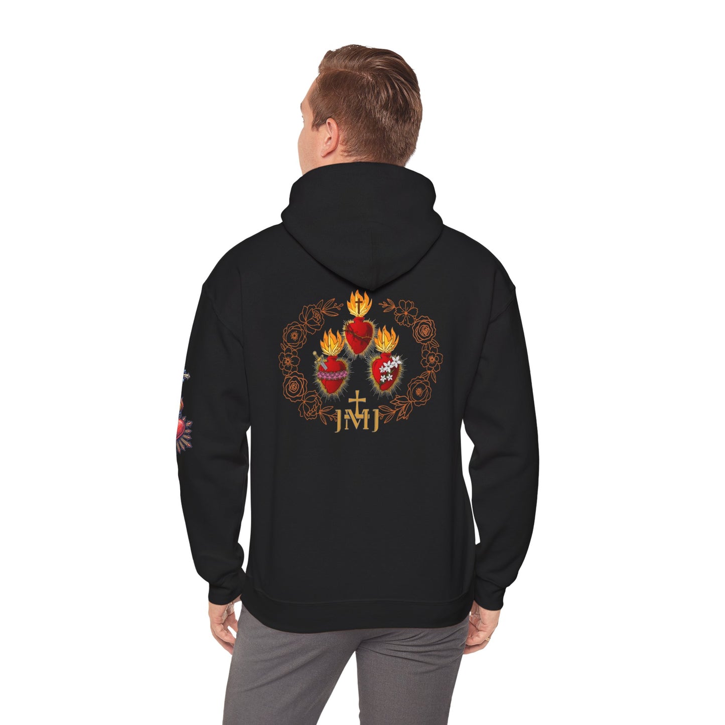 Sacred Hearts Hoodie — Three Flaming Hearts J.M.J. Devotional Sweatshirt (CT)
