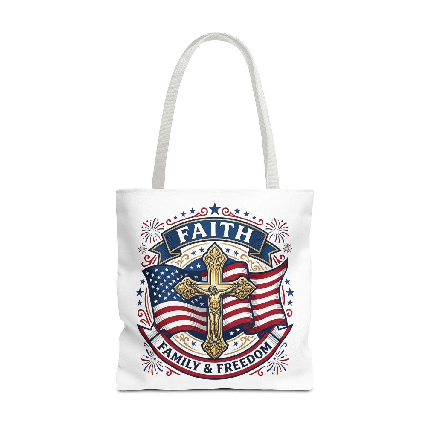 Faith, Family & Freedom Tote Bag — Patriotic Cross American Flag Tote (USA 250th)