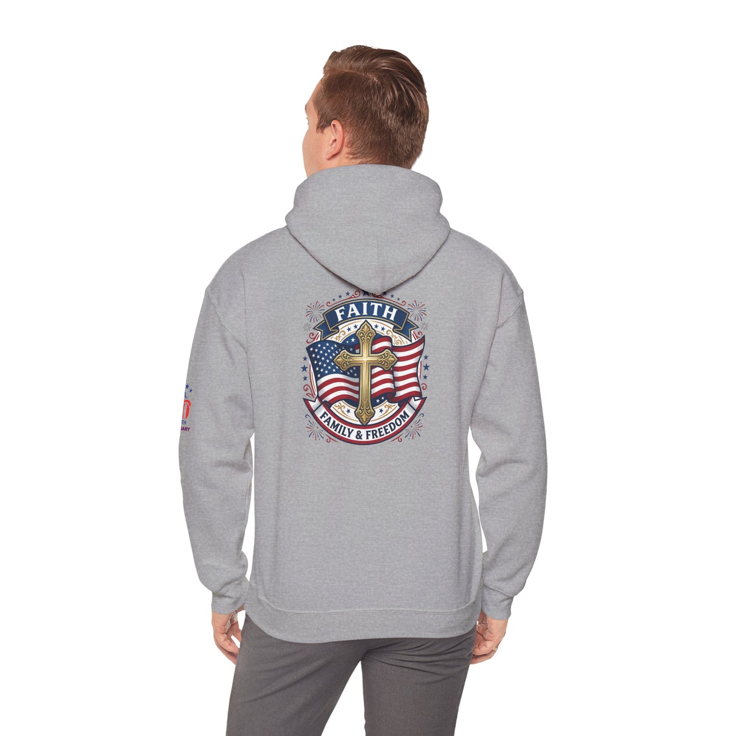 Faith, Family & Freedom Hoodie — Patriotic Cross American Flag Sweatshirt (USA 250th)