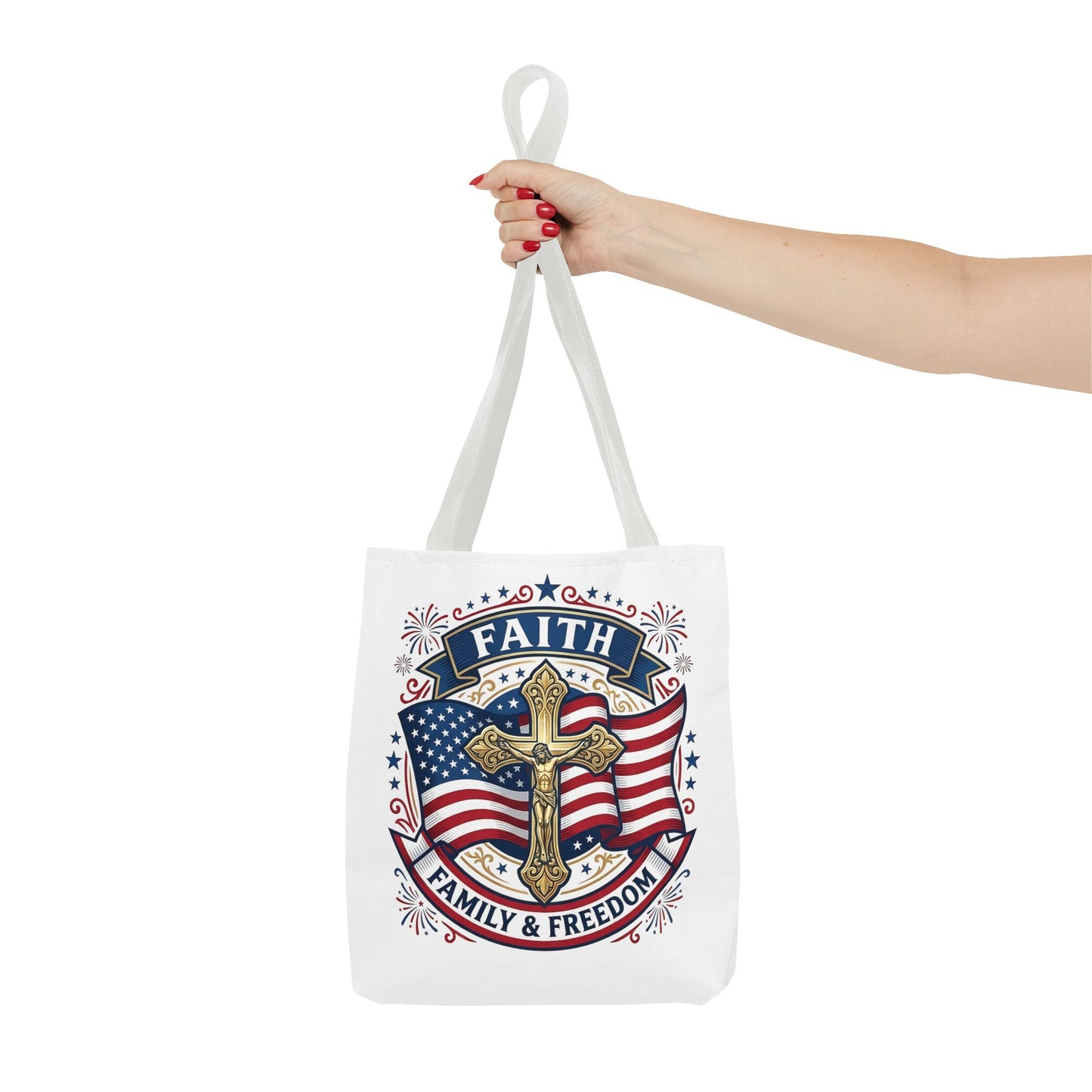 Faith, Family & Freedom Tote Bag — Patriotic Cross American Flag Tote (USA 250th)