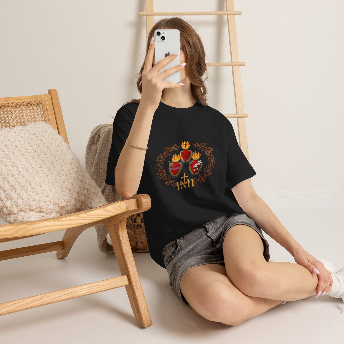 Sacred Hearts Tee — Three Flaming Hearts with JMJ Cross (CT)