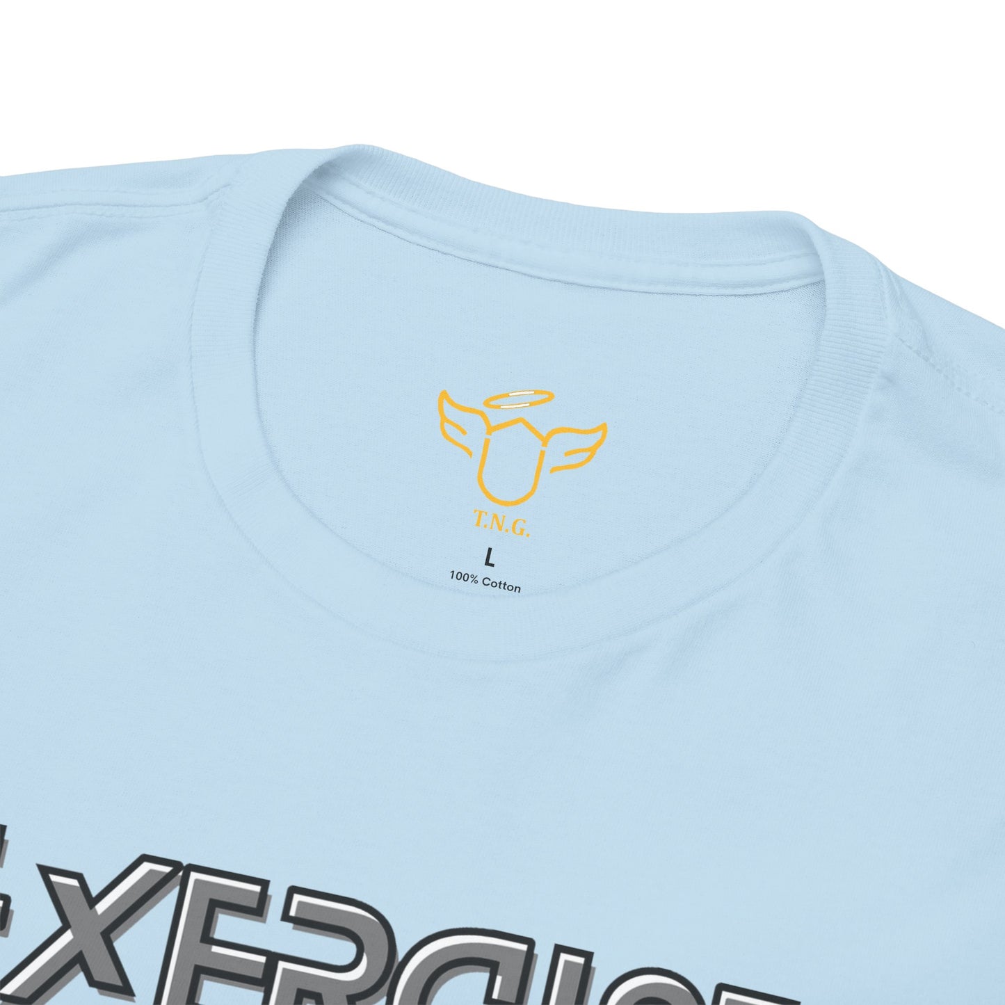 Light blue t-shirt with a yellow logo and text on a white background