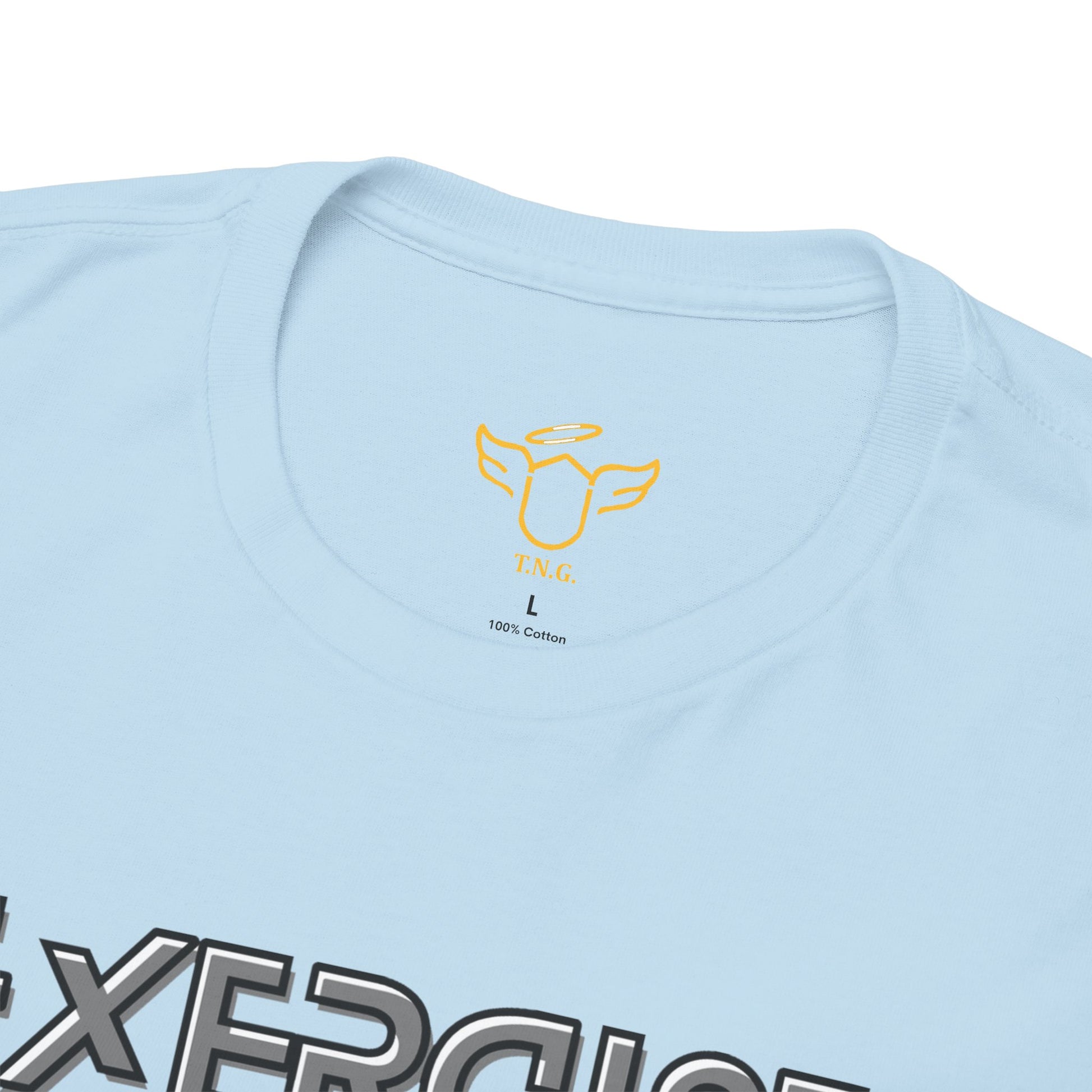 Light blue t-shirt with a yellow logo and text on a white background