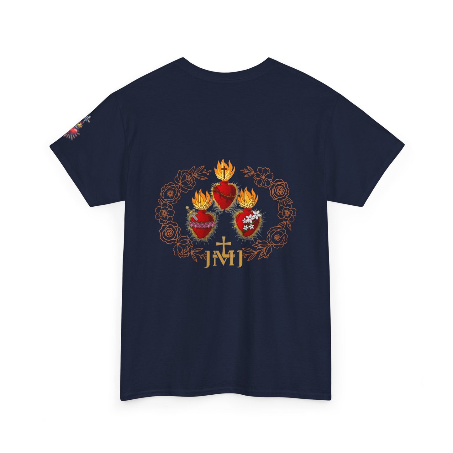 Sacred Hearts Tee — Three Flaming Hearts with JMJ Cross (CT)