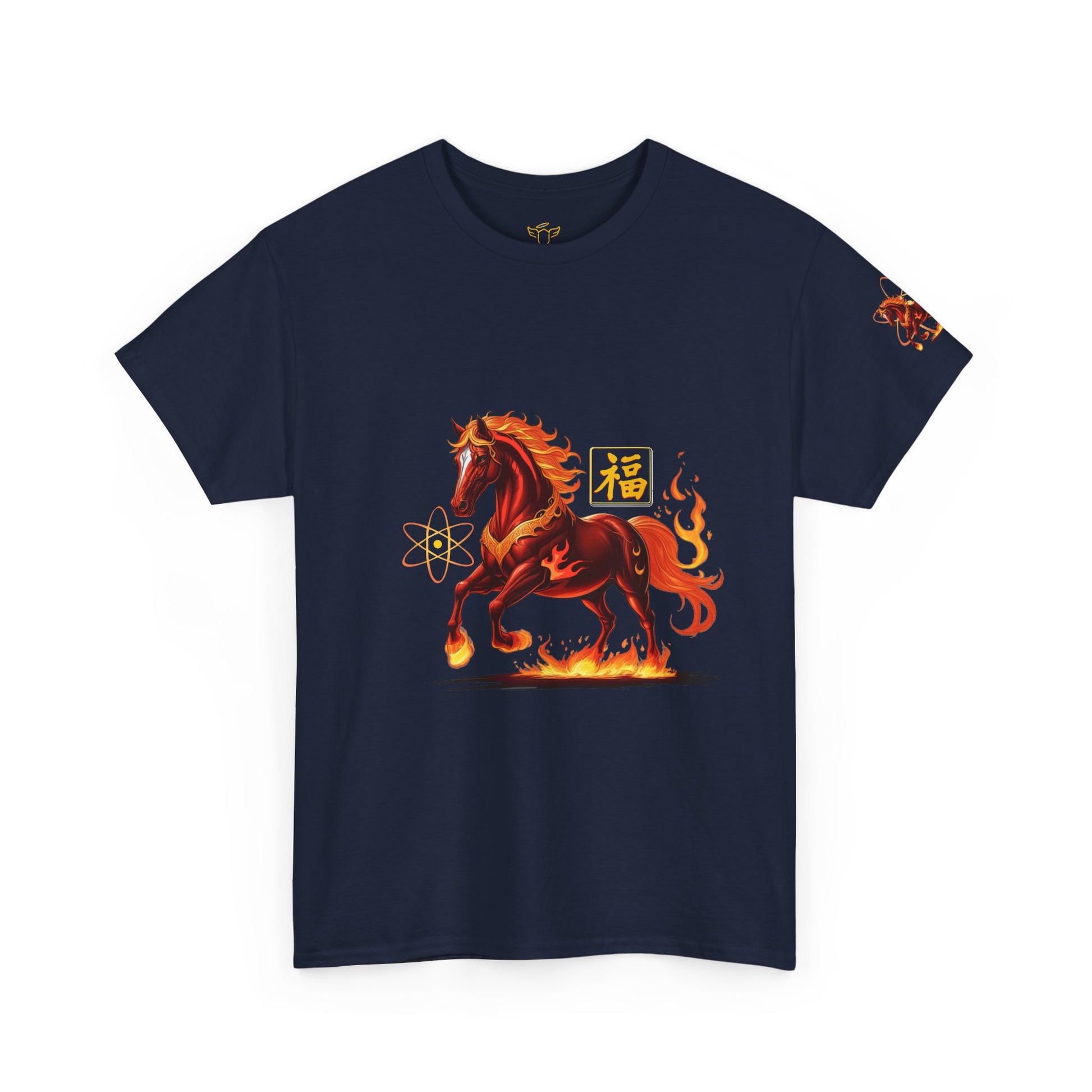Lunar New Year Fiery Horse Novelty T-Shirt, Navy blue t-shirt with a fiery horse design on a white background