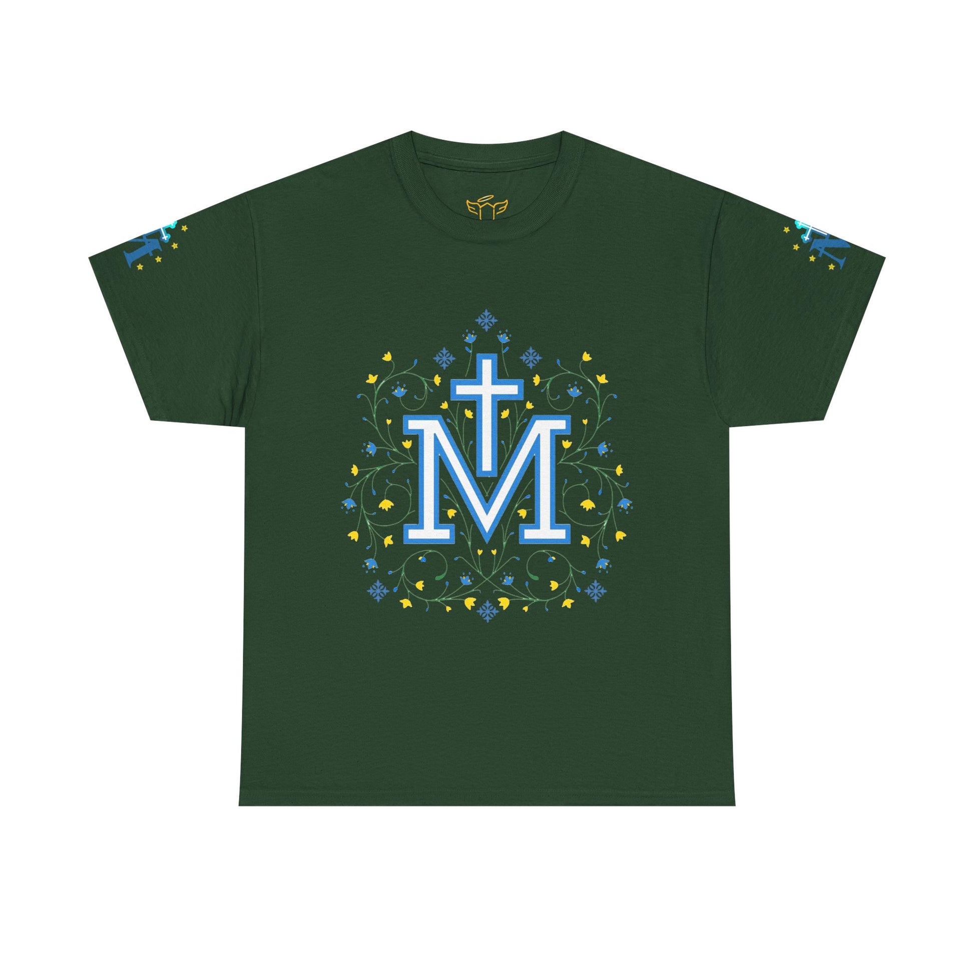 Marian Symbol T-shirt Unisex Heavy Cotton Tee, Green-shirt with decorative 'Marian' logo on a white background