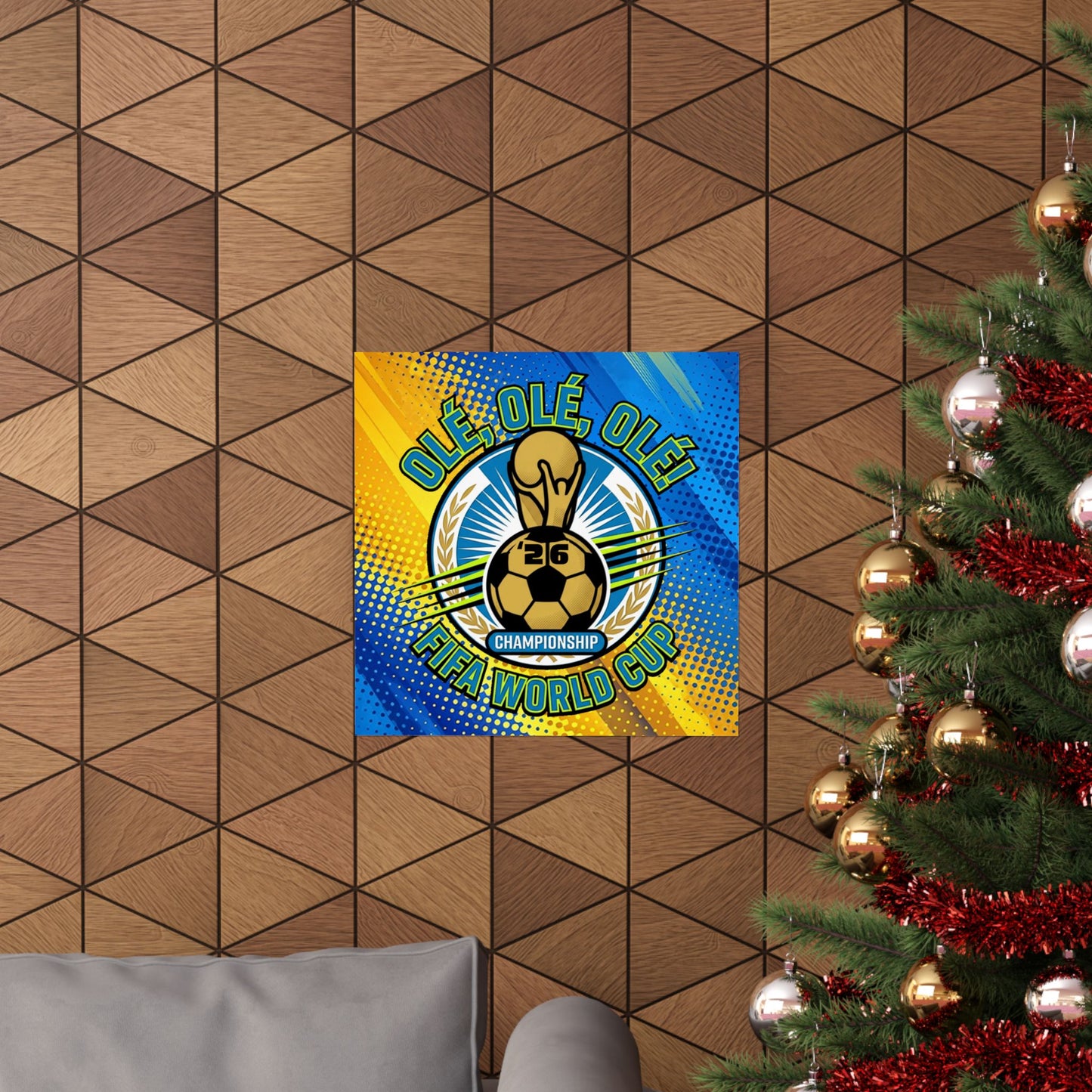 Decorative poster with a soccer ball design on a geometric-patterned wall next to a Christmas tree.