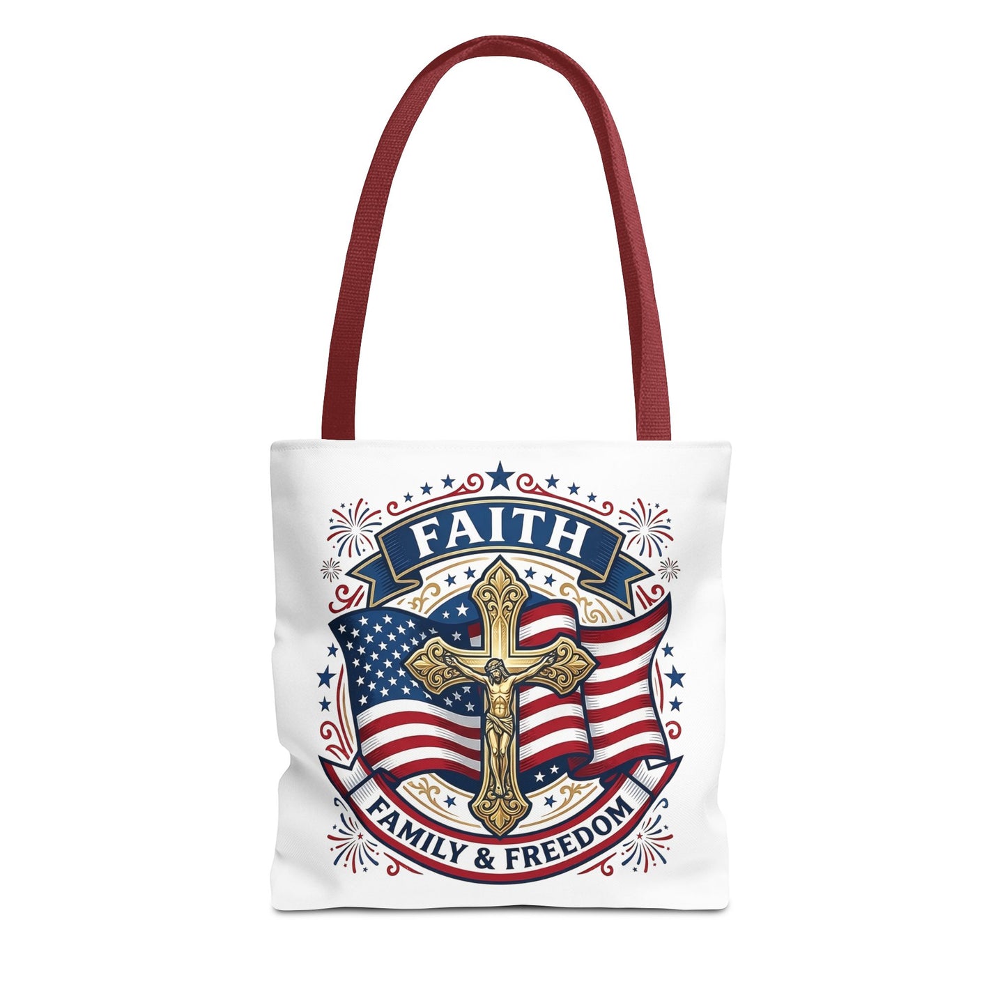 Faith, Family & Freedom Tote Bag — Patriotic Cross American Flag Tote (USA 250th)
