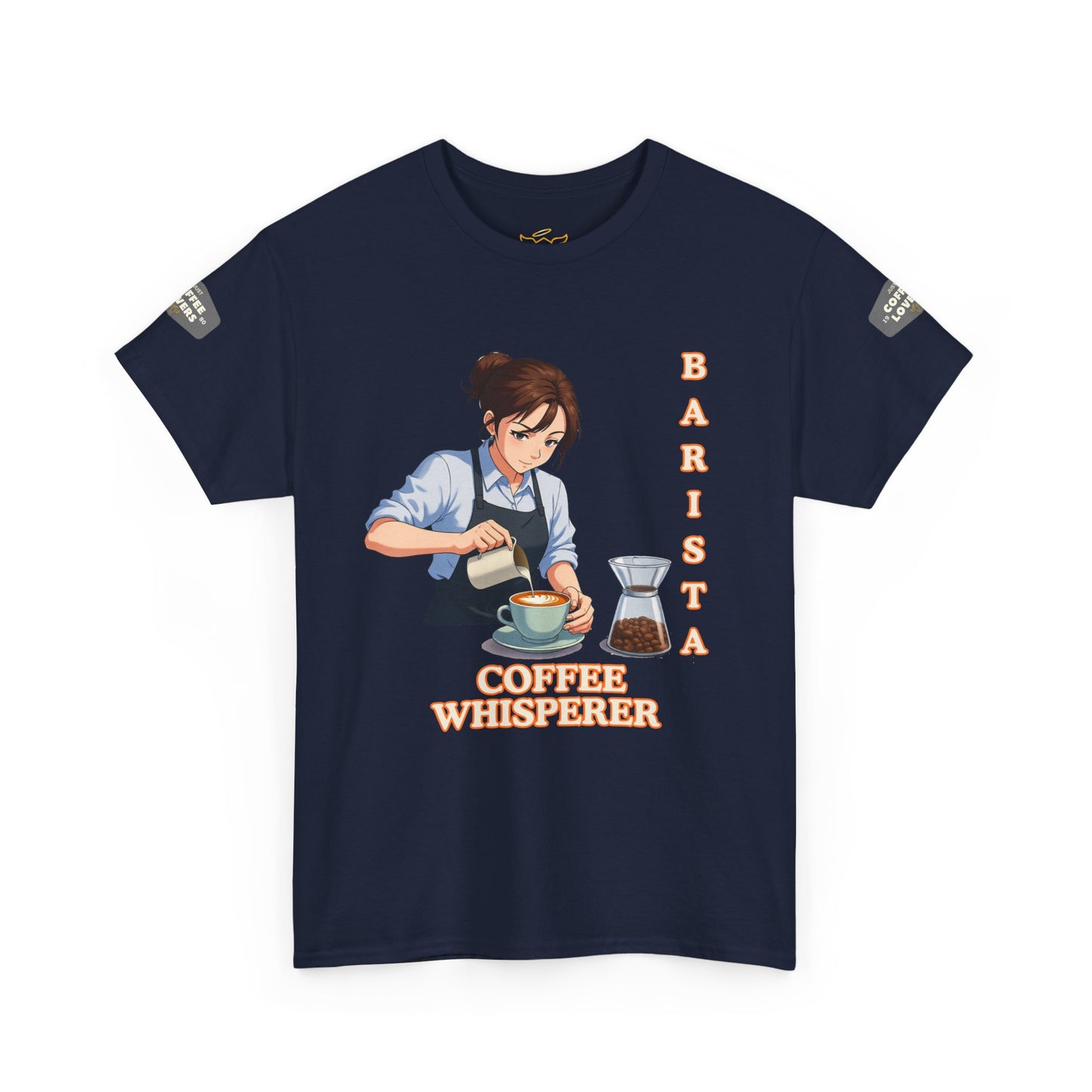 Coffee Lovers Cotton Tee for Female Barista, Navy blue t-shirt with a graphic of a barista and text 'Barista Whisperer Coffee Whisperer' on a white background.