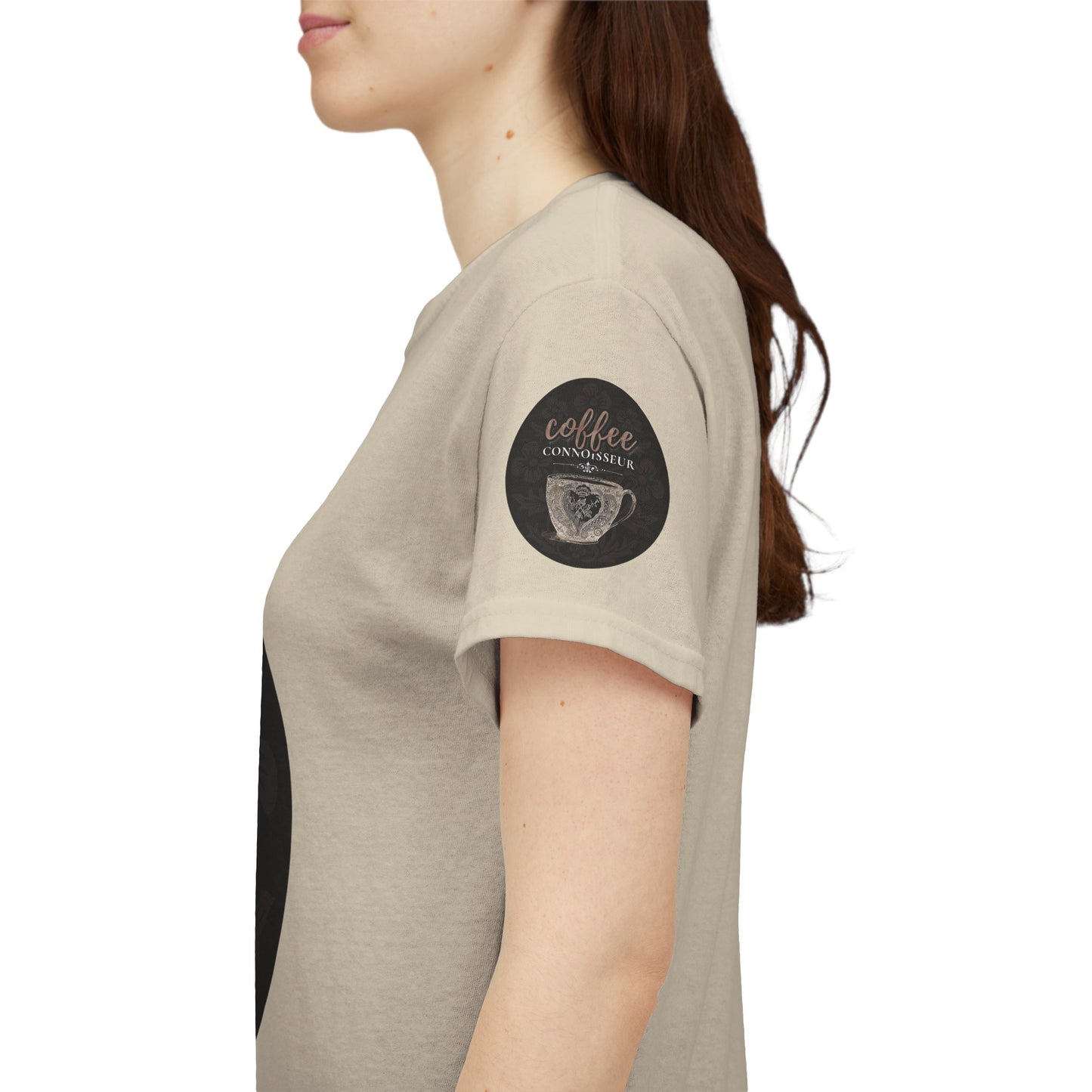 COFFEE LOVERS COTTON TEES For Connoisseurs, Beige t-shirt with a circular design on the sleeve worn by a person