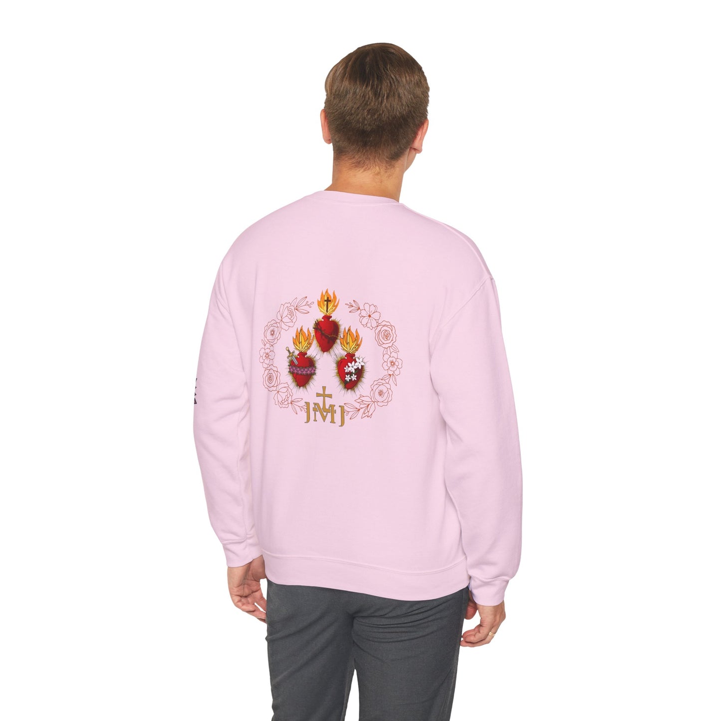 Sacred Hearts Crewneck Sweatshirt — Three Flaming Hearts with JMJ Cross (CT)