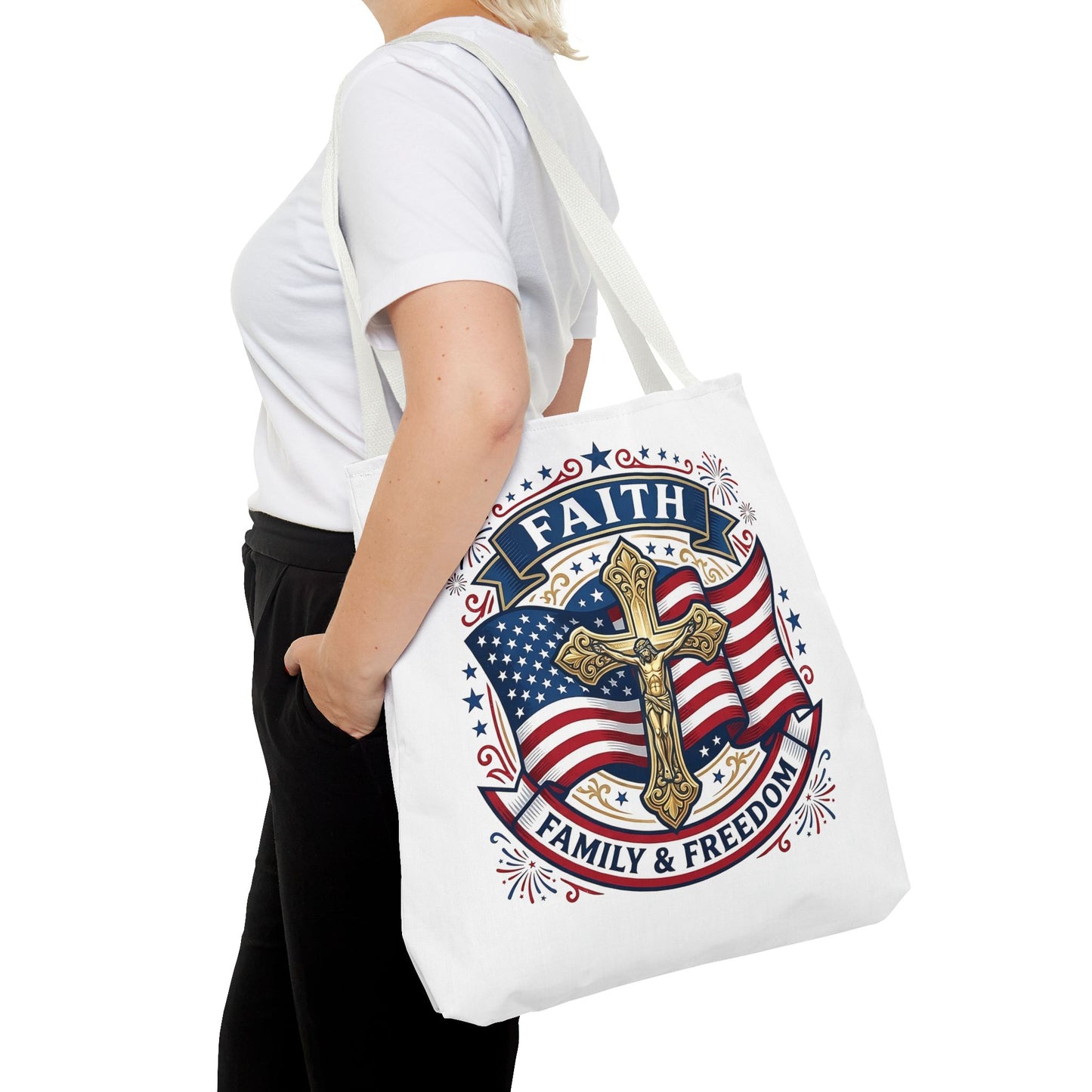 Faith, Family & Freedom Tote Bag — Patriotic Cross American Flag Tote (USA 250th)