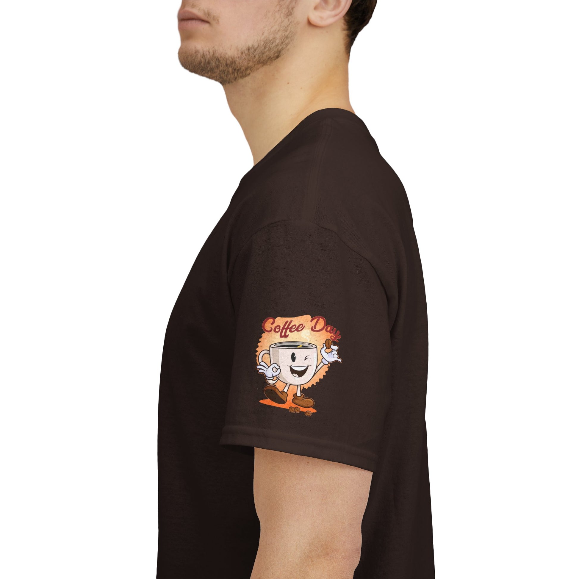 COFFEE LOVERS' T-SHIRT, Person wearing a black t-shirt with a coffee-themed graphic on the sleeve.