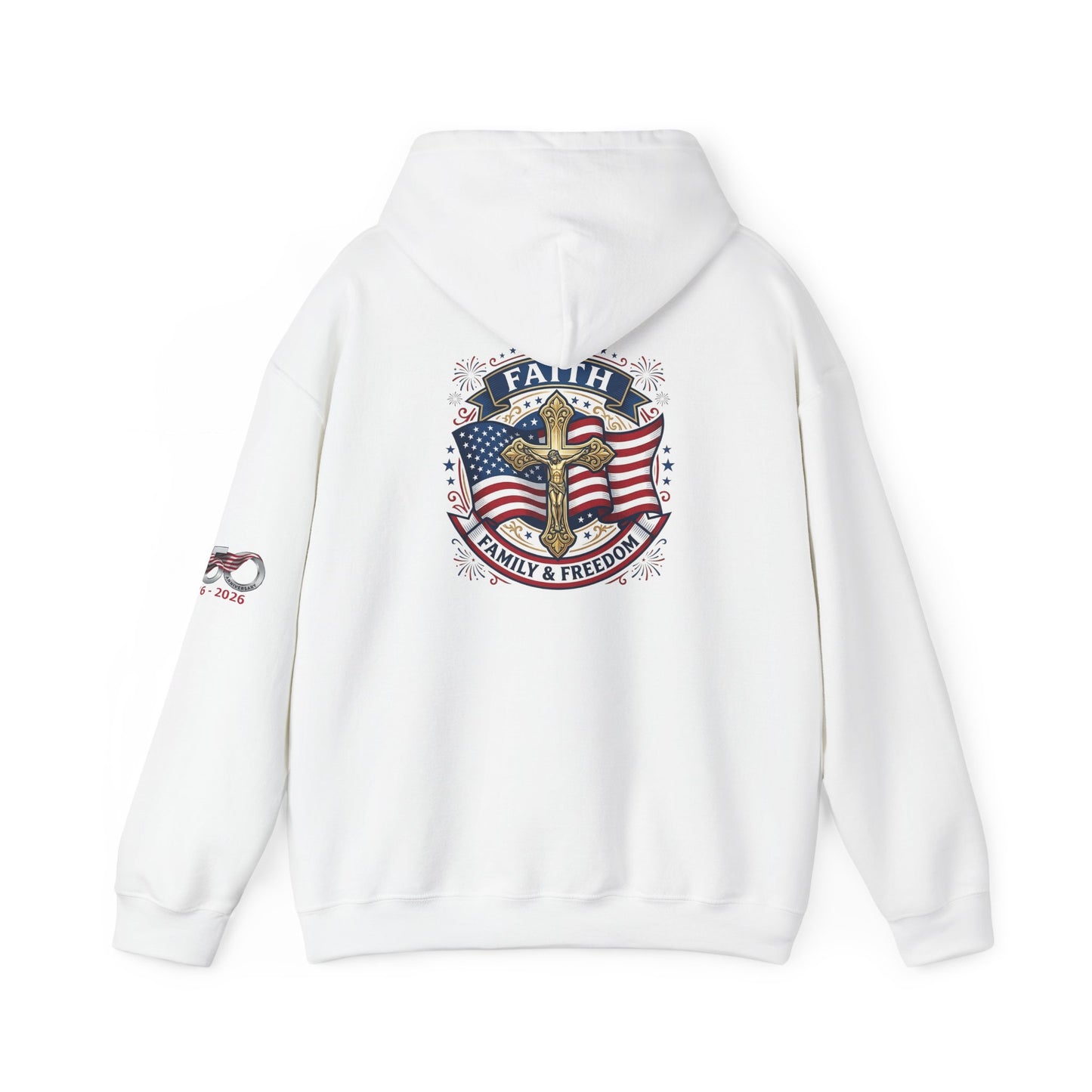 Catholic Faith, Family & Freedom Hoodie - Patriotic American Flag Cross Pullover (USA 250th)