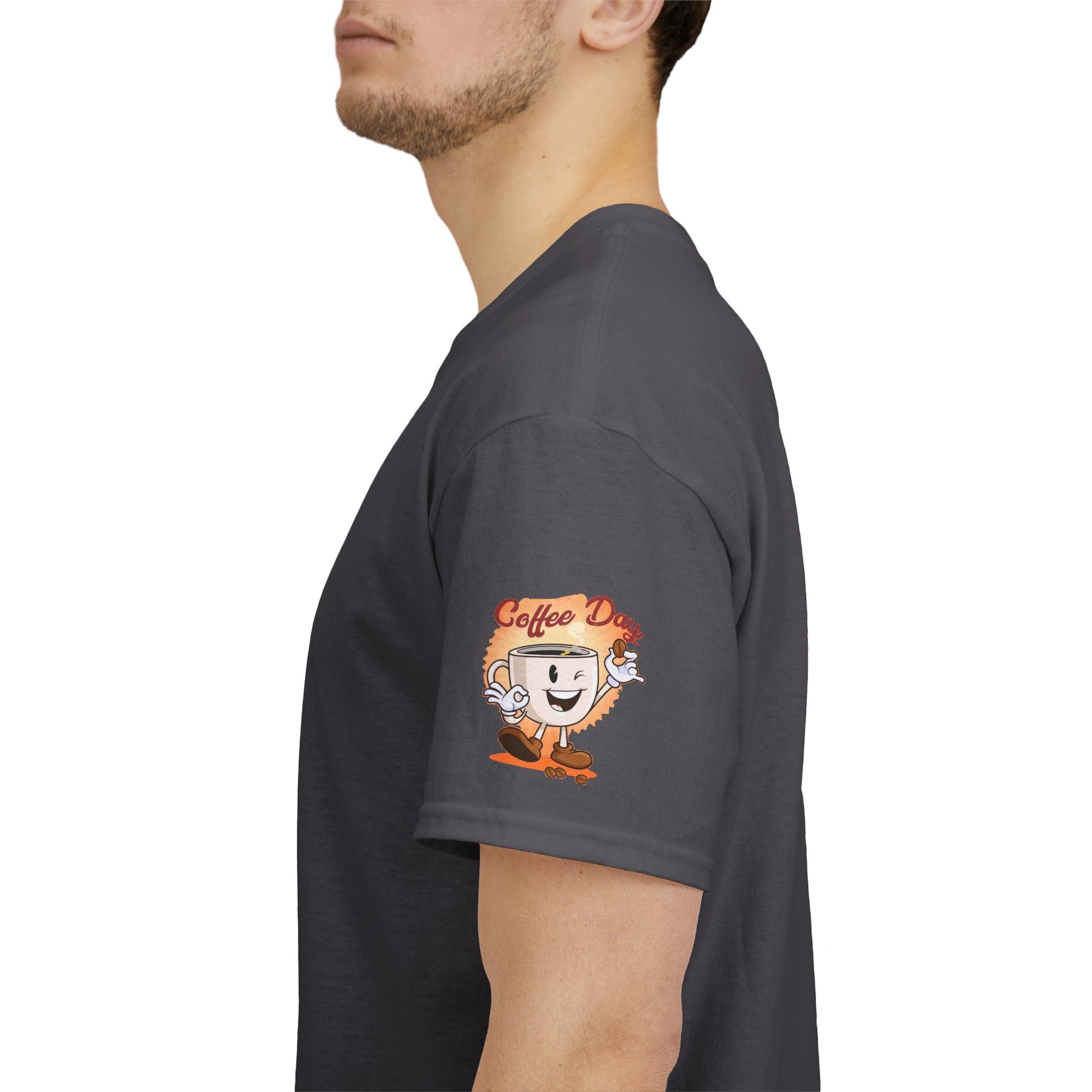 Coffee Lovers Cotton Tee - Every Day is My Coffee day, Person wearing a dark gray t-shirt with a cartoon coffee cup design on the sleeve.