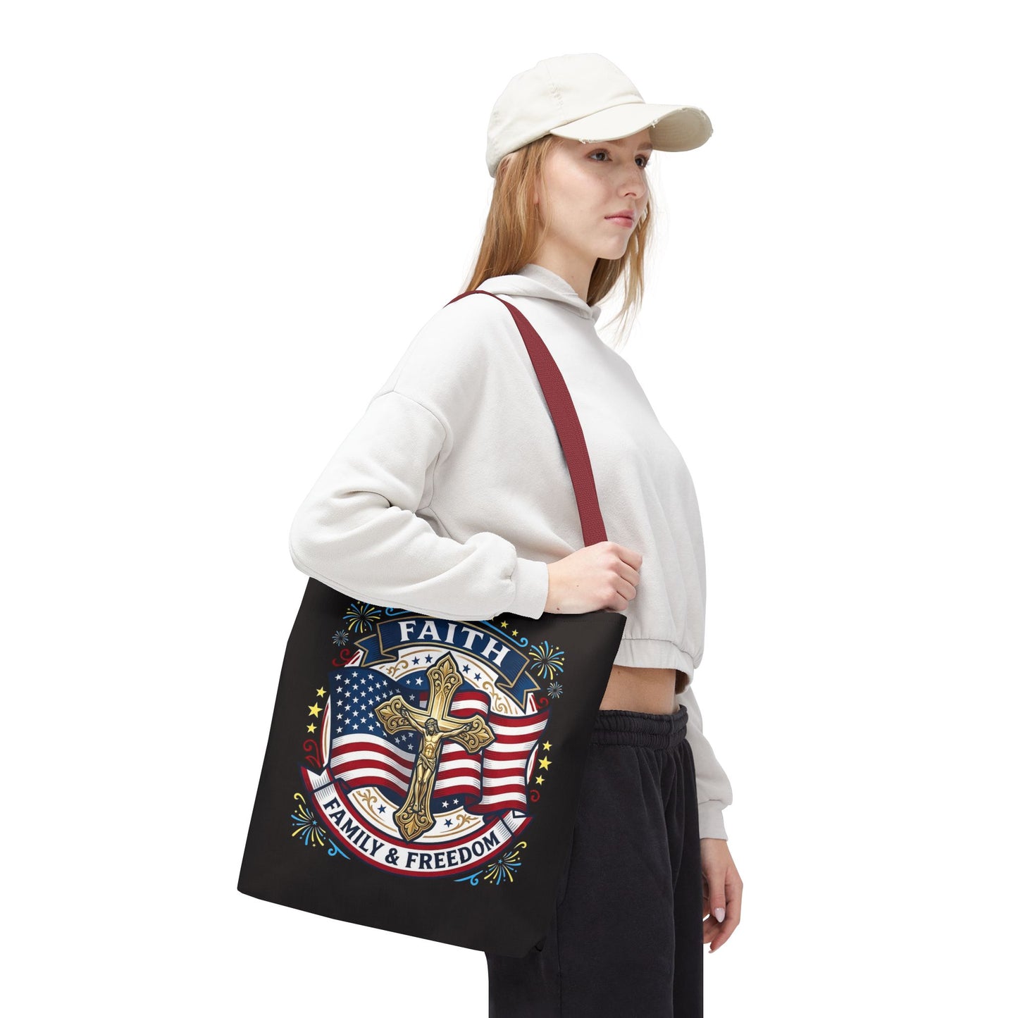 Faith, Family & Freedom Cross Bag — Patriotic American Flag Canvas Tote (USA 250th)