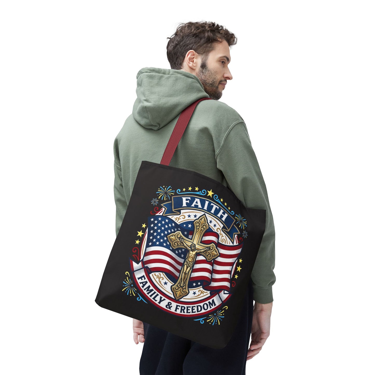Faith, Family & Freedom Cross Bag — Patriotic American Flag Canvas Tote (USA 250th)