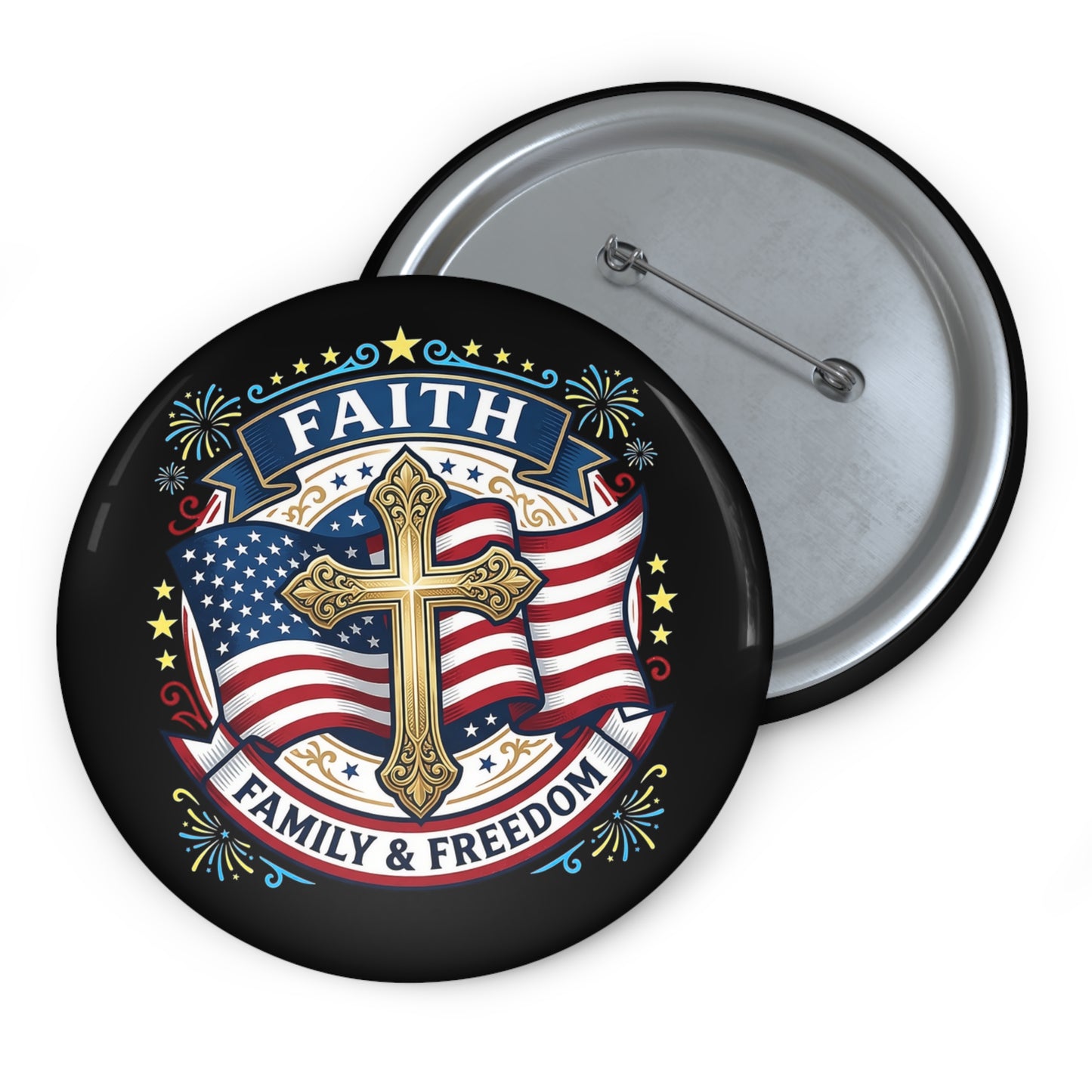 Faith, Family & Freedom Pin Button — American Flag Cross Patriotic Lapel Pin (USA 250th)