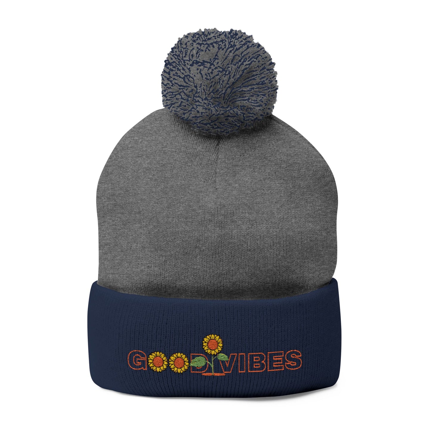 Summer Pom-Pom Beanie — "Good Vibes" Embroidered Sunflower Knit Hat - Trending Novelties & Gifts