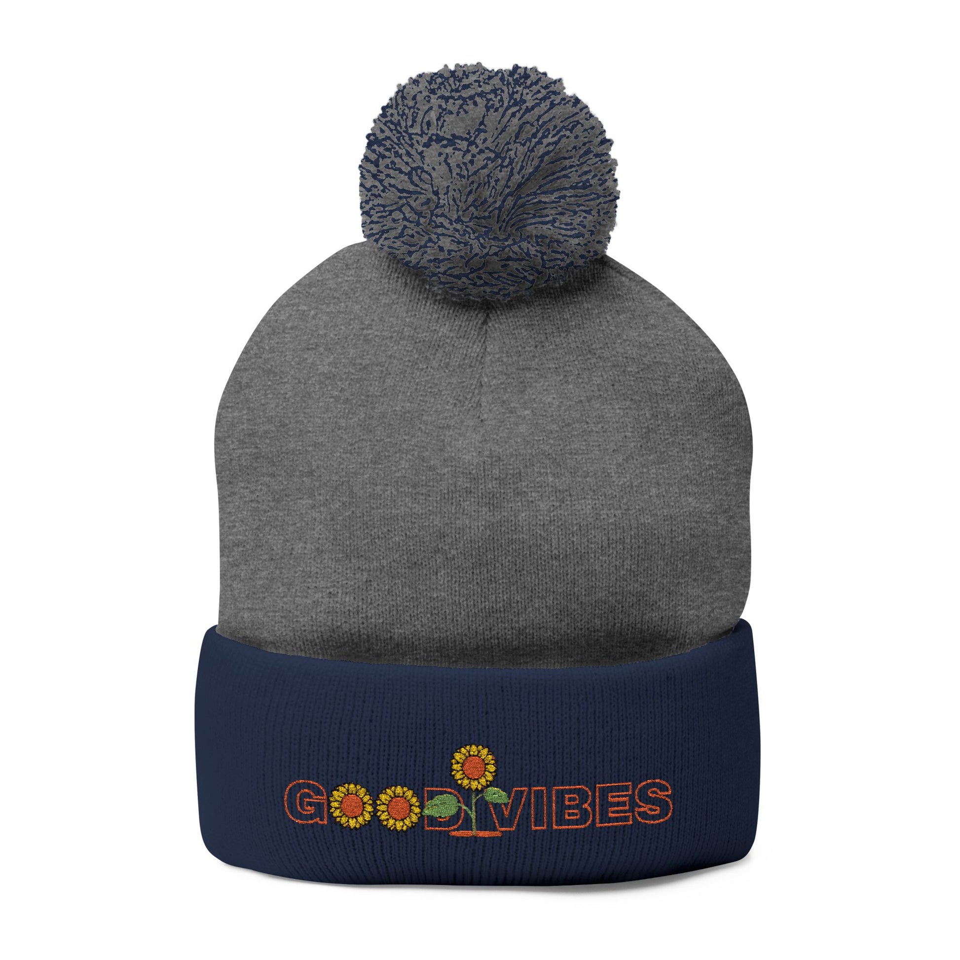 Summer Pom-Pom Beanie — "Good Vibes" Embroidered Sunflower Knit Hat - Trending Novelties & Gifts
