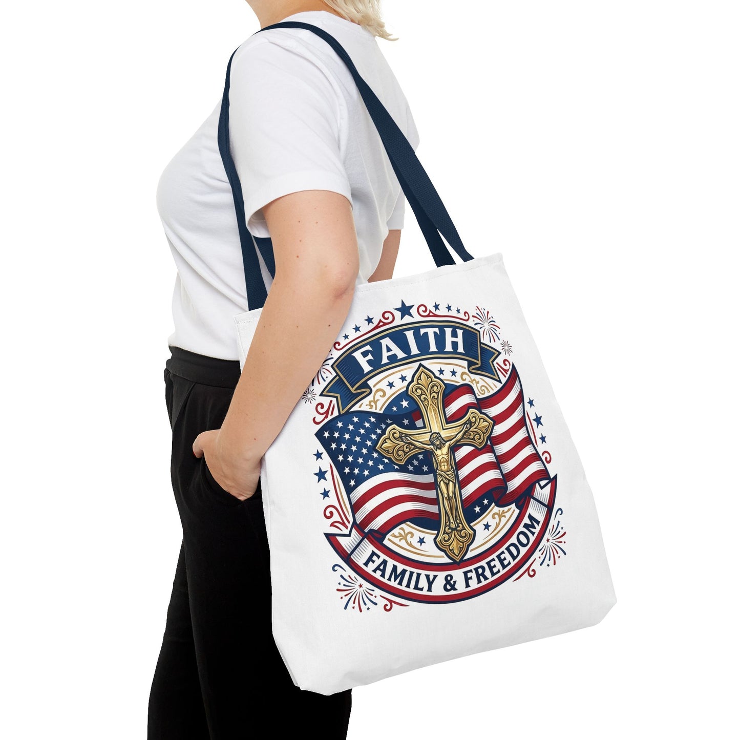 Faith, Family & Freedom Tote Bag — Patriotic Cross American Flag Tote (USA 250th)