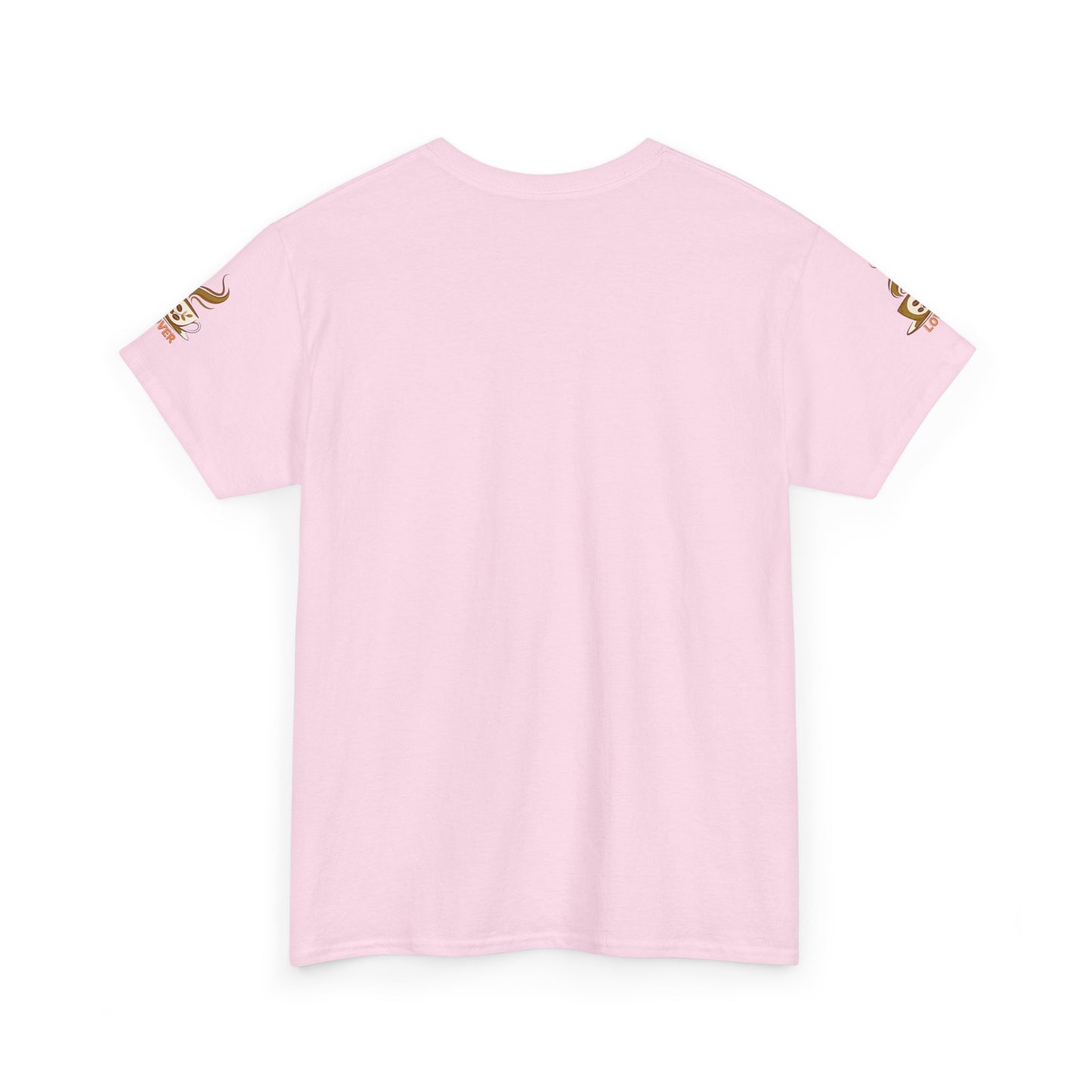 COFFEE LOVERS Cotton Tee - Coffee Makes Everything Better, Pink t-shirt with gold accents on a white background