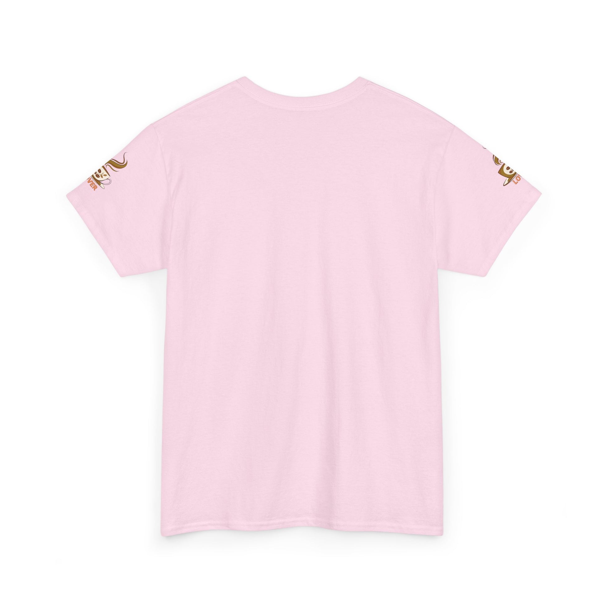 COFFEE LOVERS Cotton Tee - Coffee Makes Everything Better, Pink t-shirt with gold accents on a white background