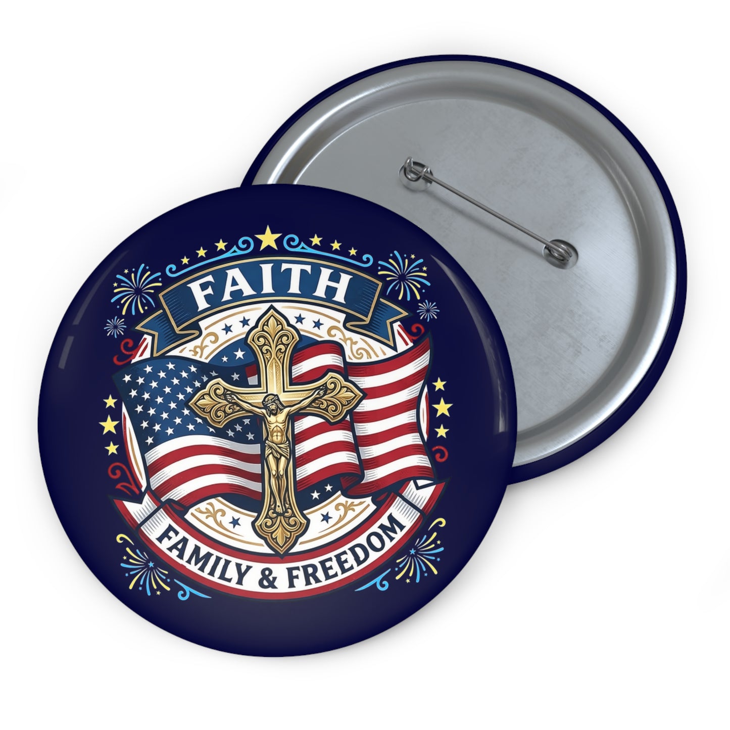 Faith, Family & Freedom Pin Button — Catholic Patriotic Cross Flag Badge (USA 250th)