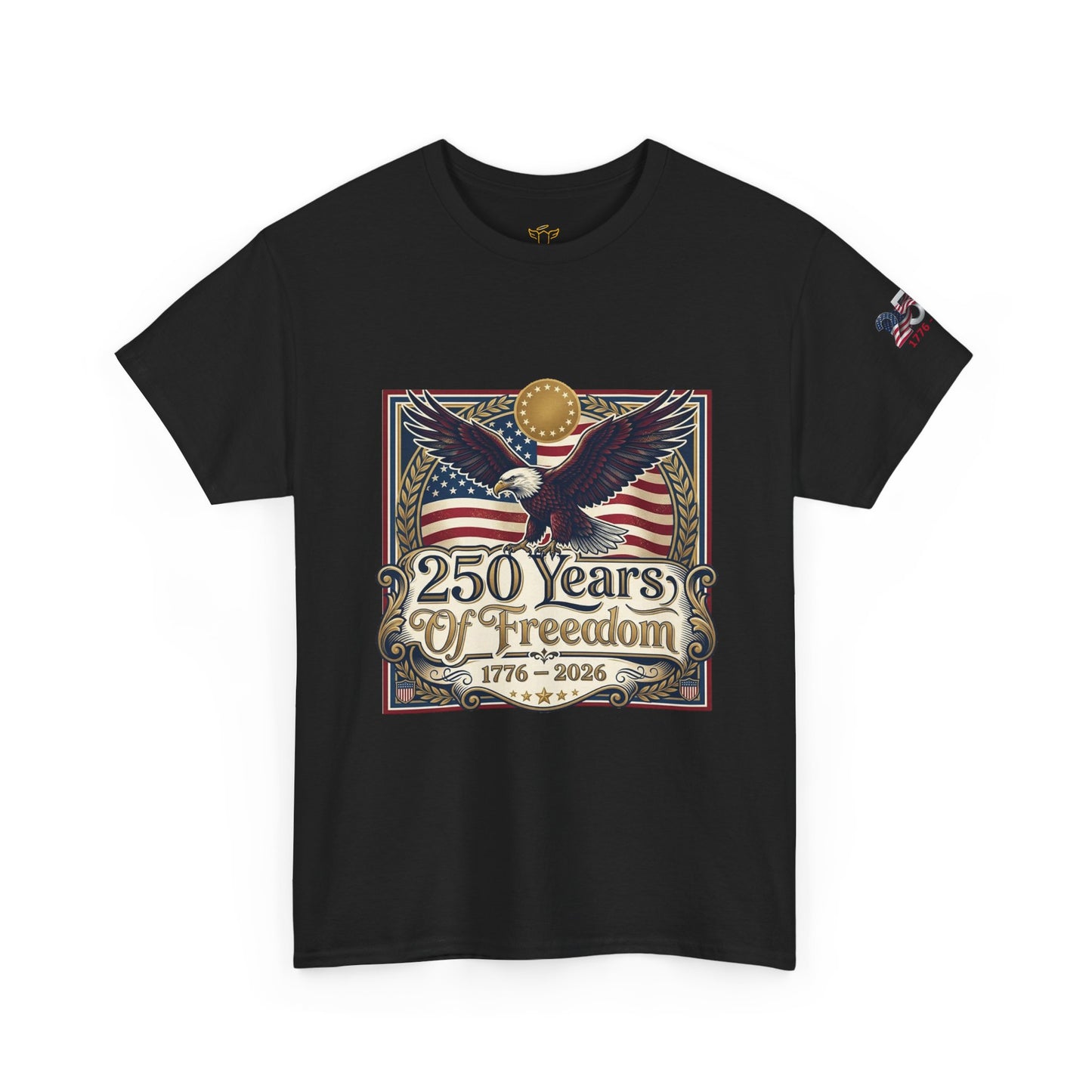 250 Years of Freedom T-Shirt — USA 250TH Anniversary Patriotic Eagle Tee, Black t-shirt with '250 Years of Freedom' design featuring an eagle and American flag on a white background.