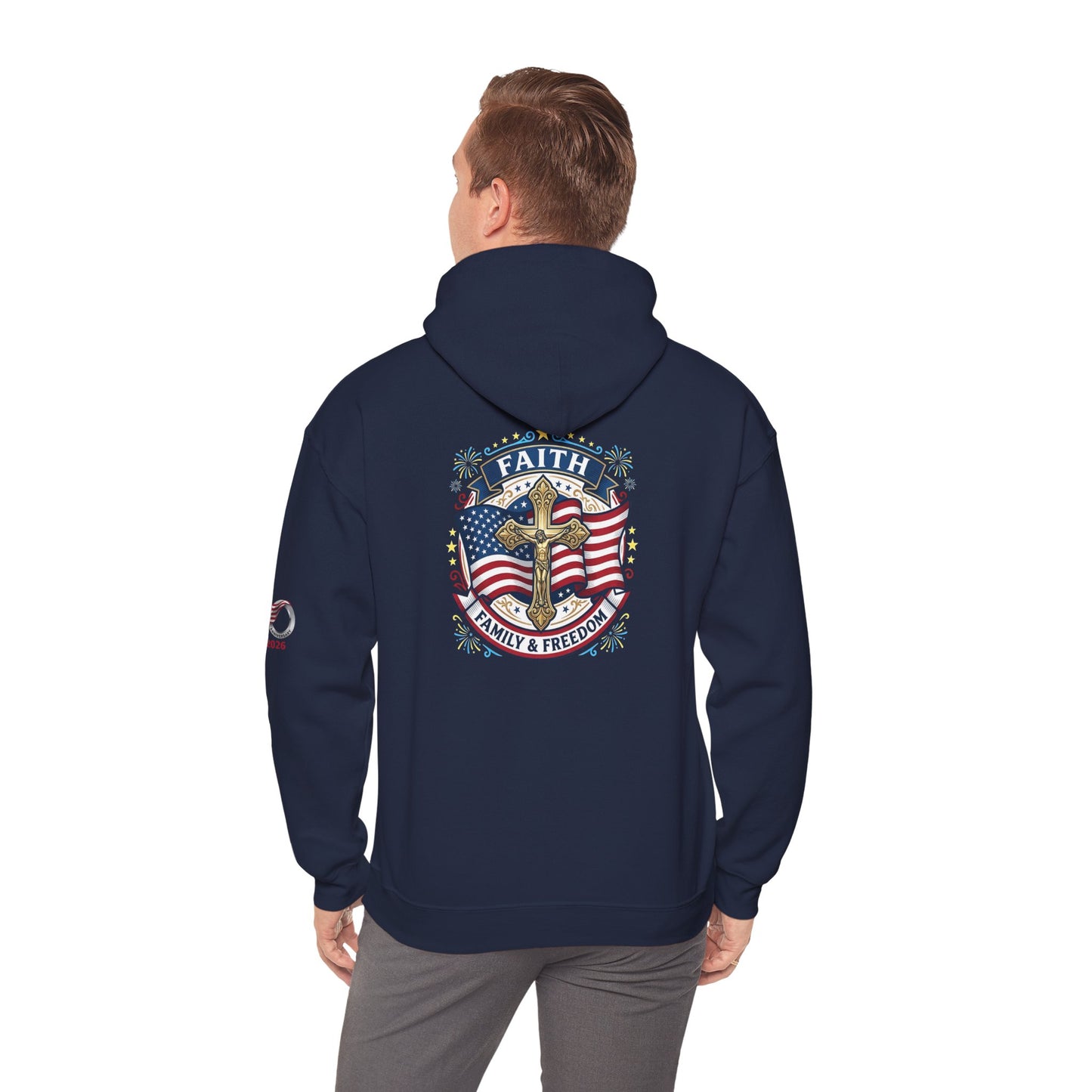 Catholic Faith, Family & Freedom Hoodie — American Flag Cross Patriotic Pullover (USA 250th)