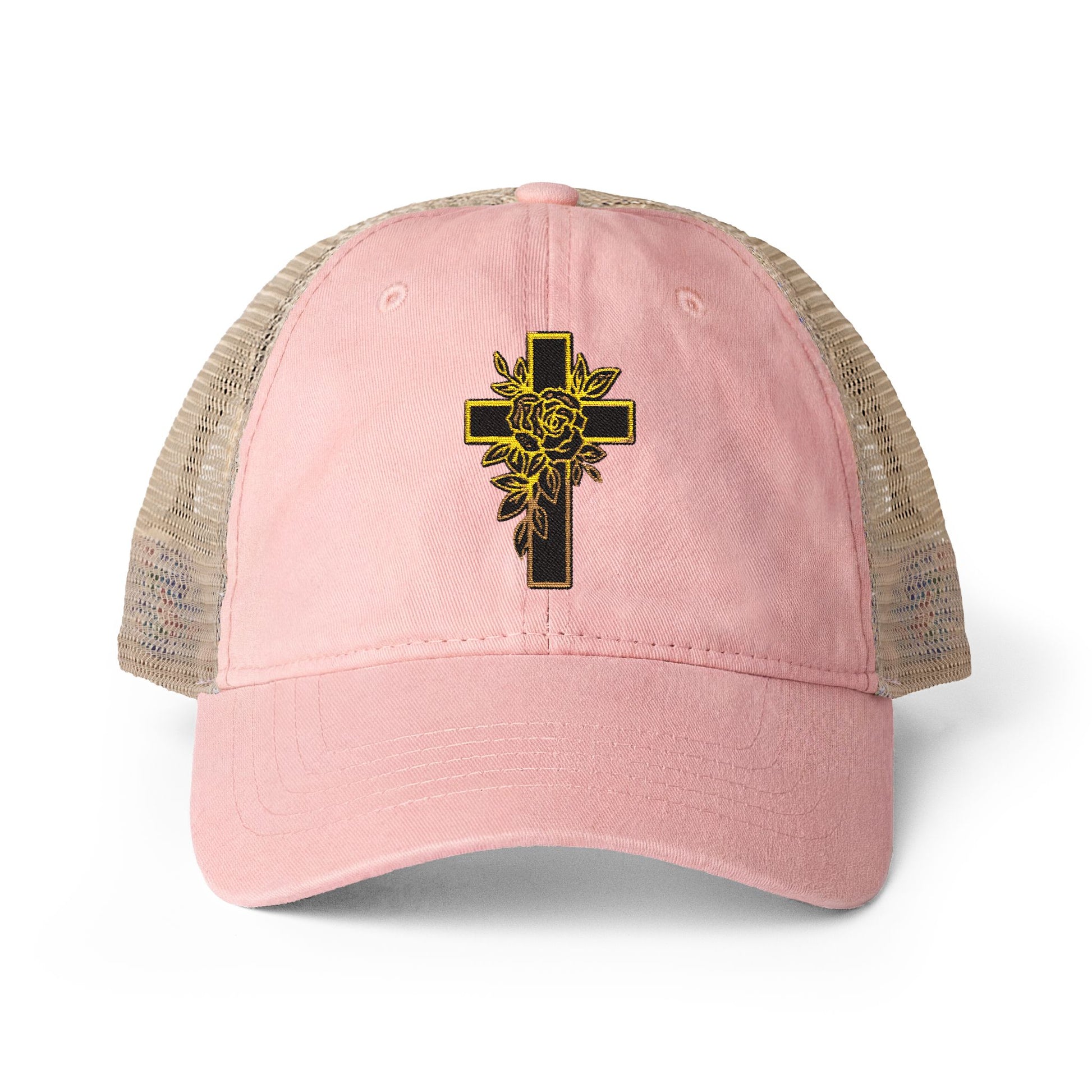 Pink trucker cap with a black cross and yellow rose design on a white background