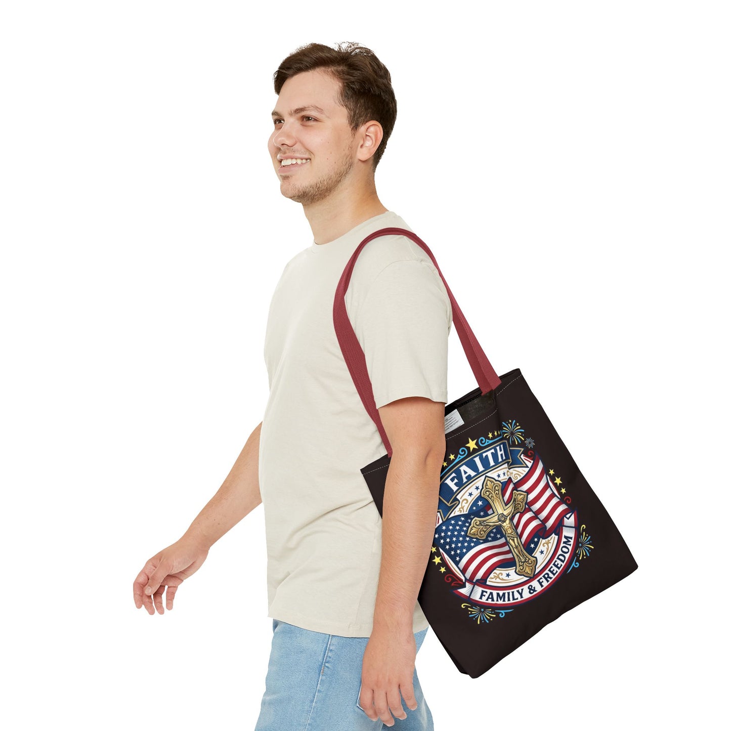 Faith, Family & Freedom Cross Bag — Patriotic American Flag Canvas Tote (USA 250th)