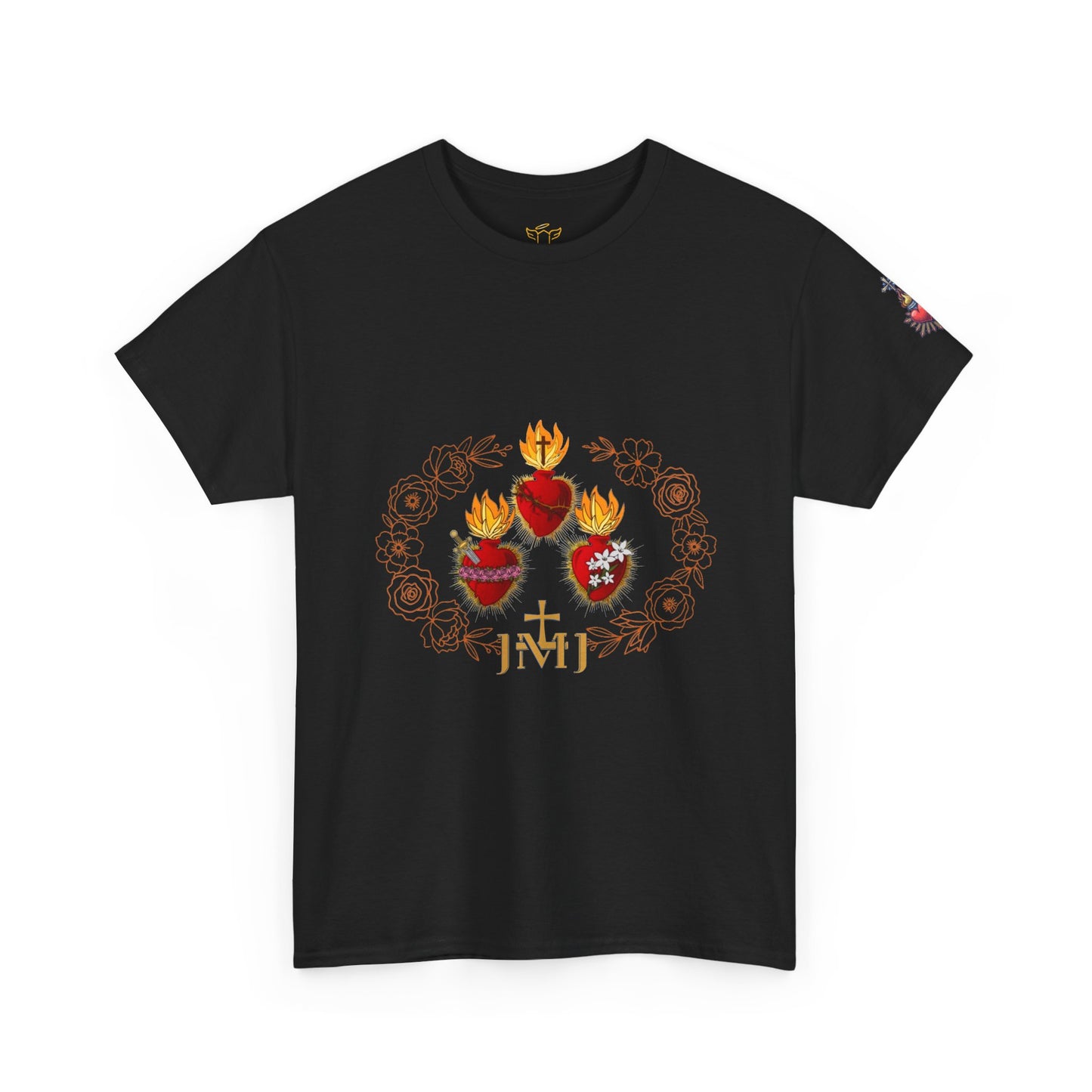 Sacred Hearts Tee — Three Flaming Hearts with JMJ Cross (CT)