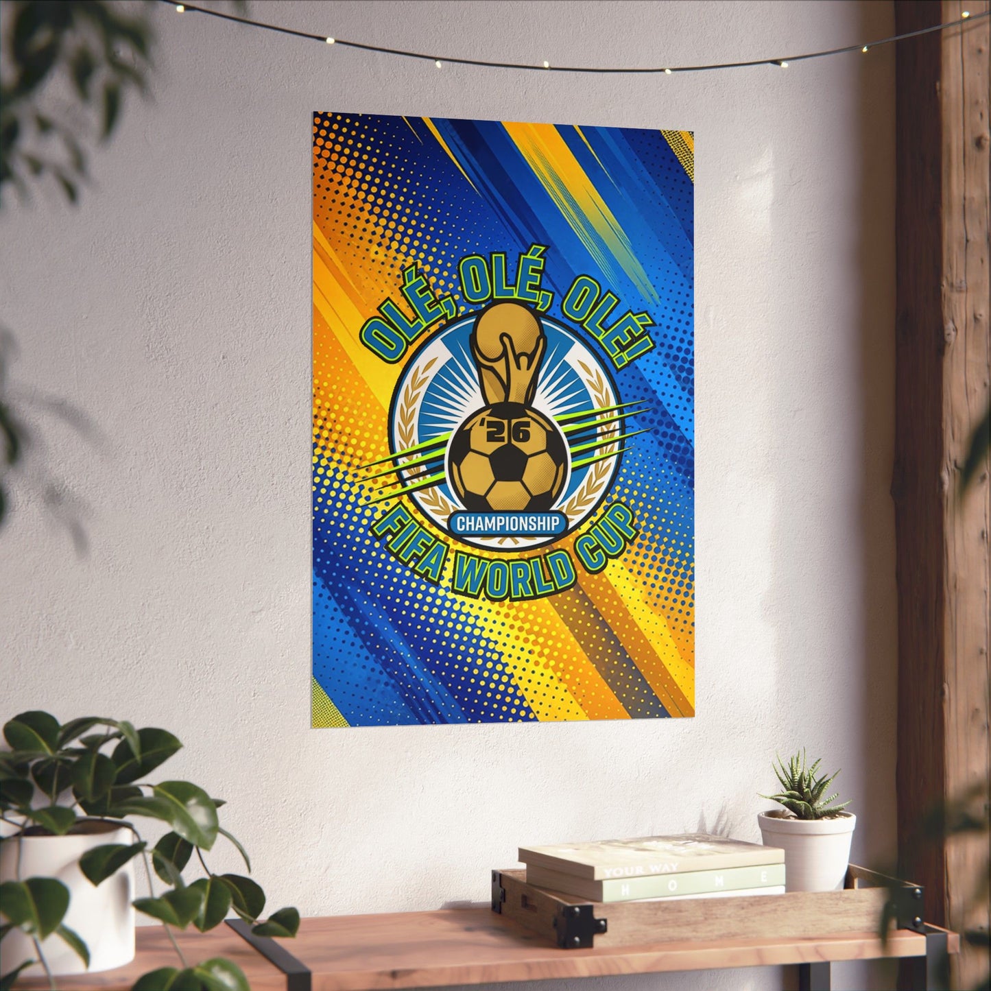 FIFA World Cup poster on a wall with decorative elements